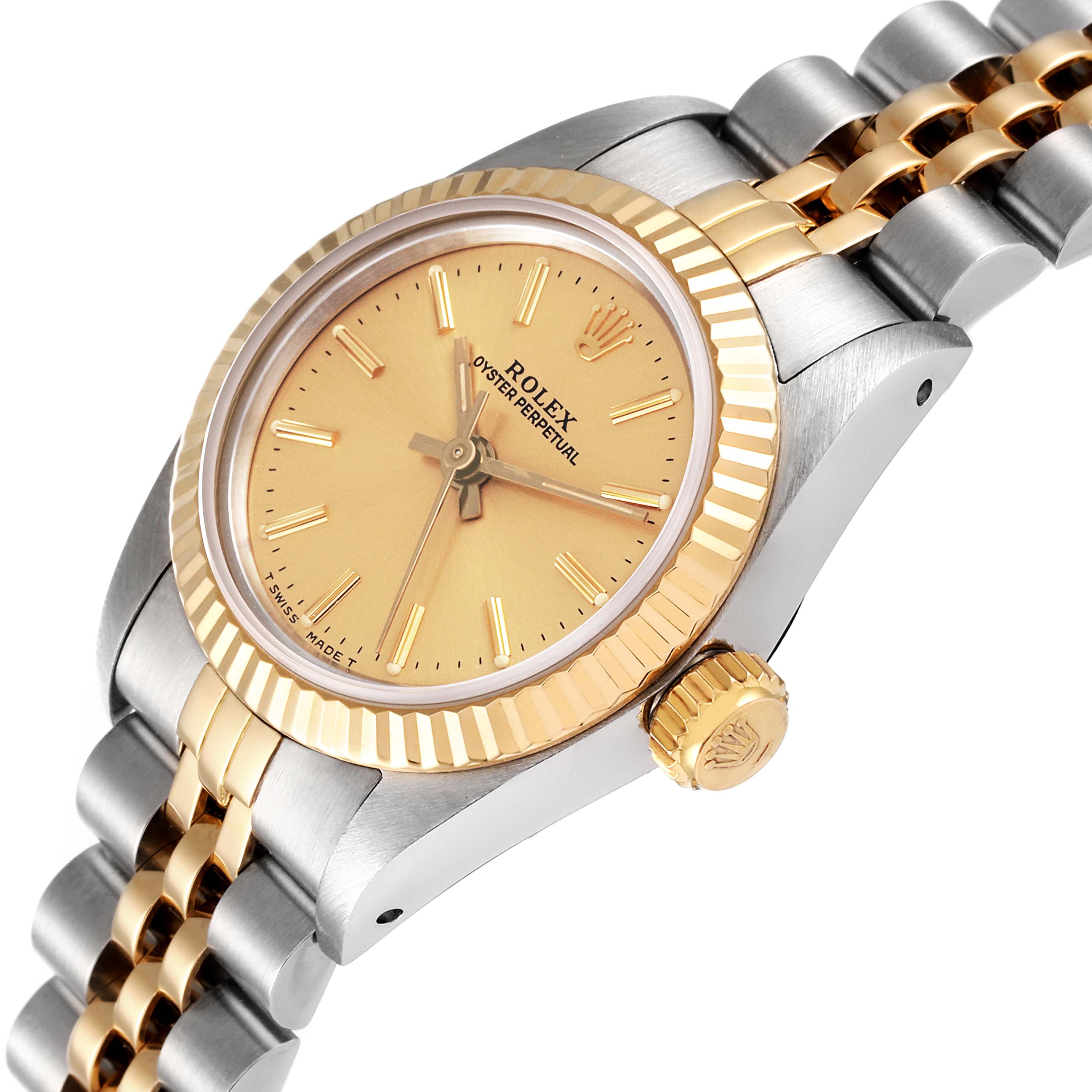 This image shows a Rolex Oyster Perpetual 67193 Women's Steel and Gold (two tone) Champagne Dial 67193 Women's Steel and Gold (two tone) Champagne Dial watch at a slightly tilted angle, displaying its dial, bezel, crown, and bracelet.