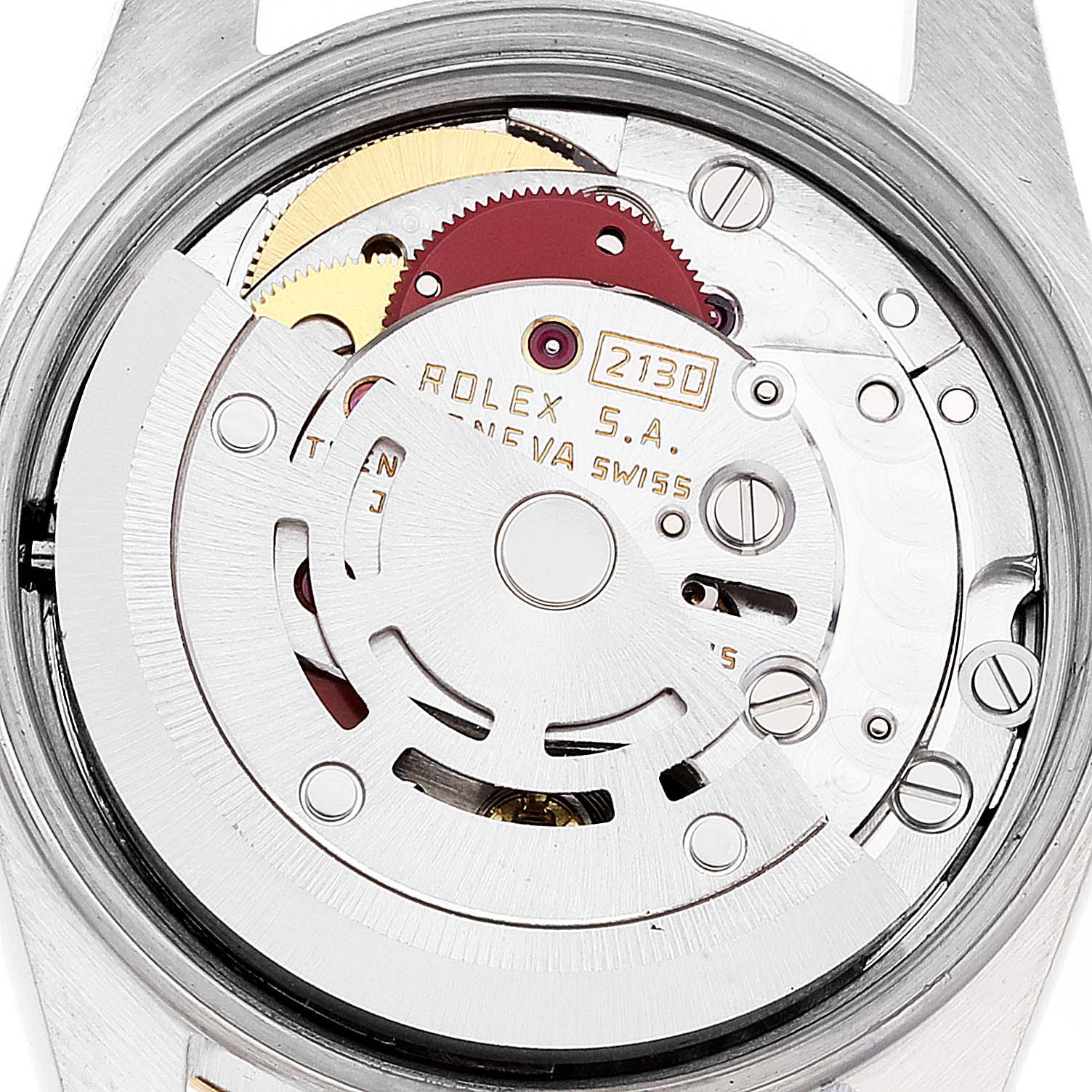 The image shows the internal movement mechanism of a Rolex Oyster Perpetual 67193 Women's Steel and Gold (two tone) Champagne Dial 67193 Women's Steel and Gold (two tone) Champagne Dial watch from a top-down angle.