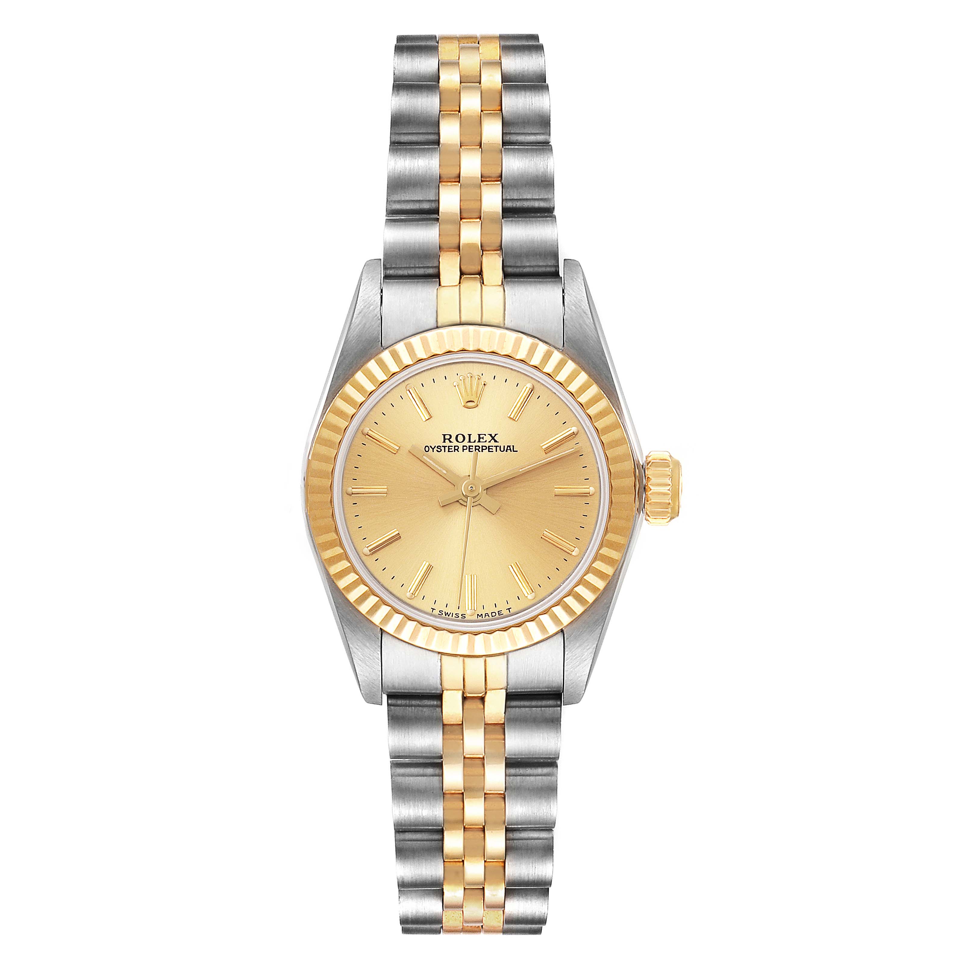This is a front view of a Rolex Oyster Perpetual 67193 Women's Steel and Gold (two tone) Champagne Dial 67193 Women's Steel and Gold (two tone) Champagne Dial watch, showing the dial, bezel, and two-tone bracelet.