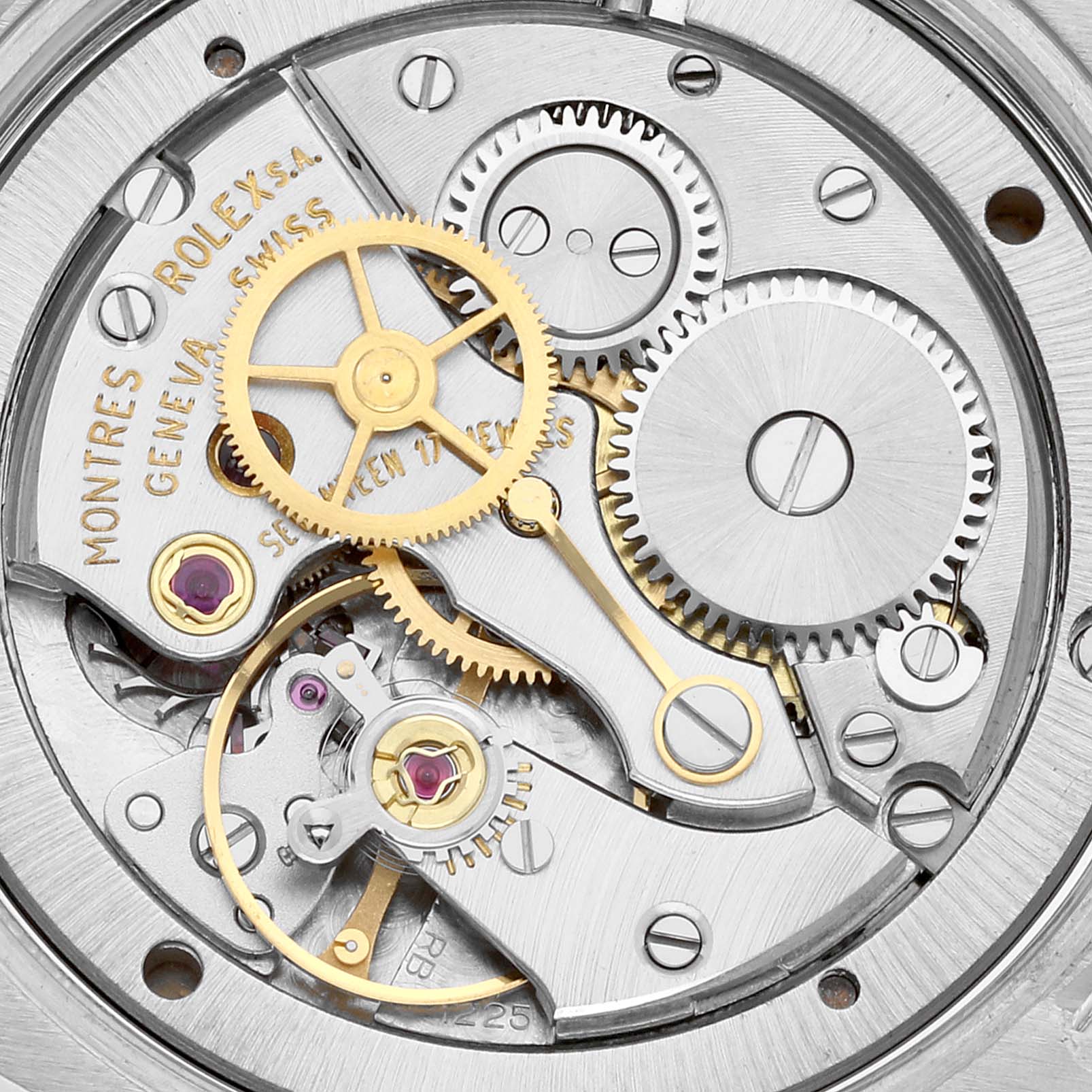 This image shows the inner mechanical movement parts of the Rolex Vintage Collection 6694 Men's Stainless Steel Silver Dial 6694 Men's Stainless Steel Silver Dial watch, view highlighting gears and components.