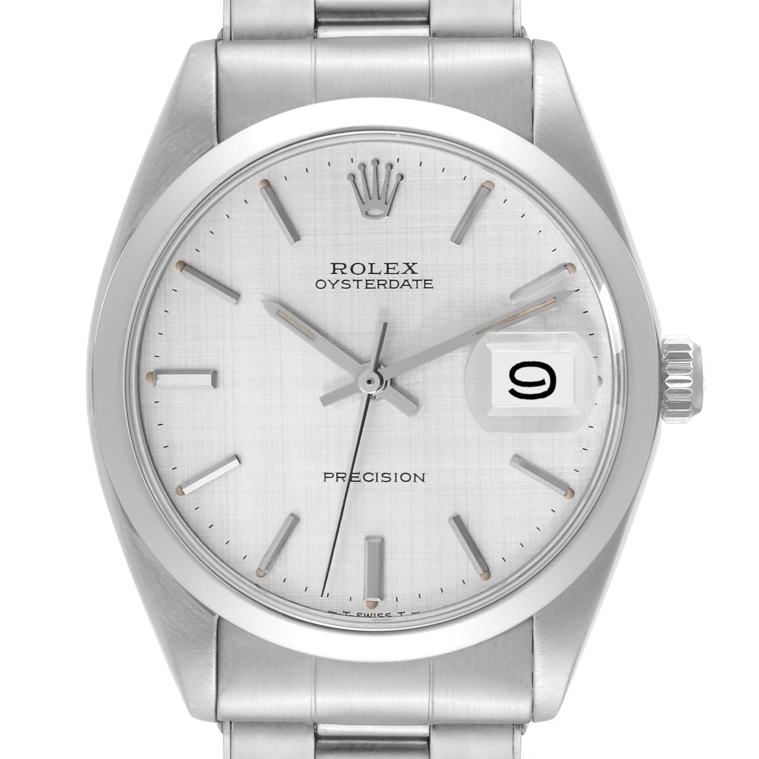 This image shows a front view of the Rolex Vintage Collection 6694 Men's Stainless Steel Silver Dial 6694 Men's Stainless Steel Silver Dial model, displaying the dial, hands, markers, date, and crown.