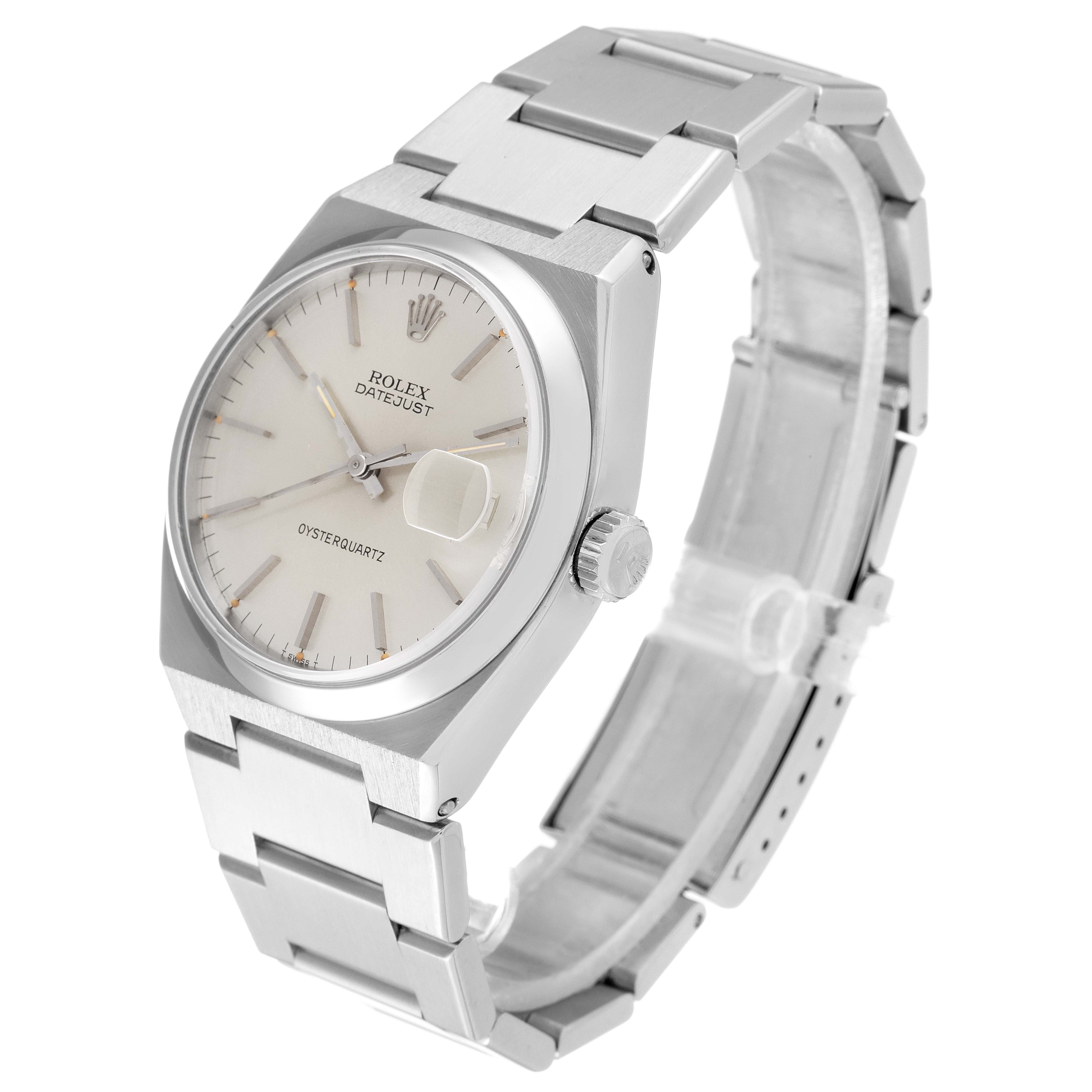 The Rolex Oysterquartz 17000 Men's Stainless Steel Silver Dial 17000 Men's Stainless Steel Silver Dial watch is angled to show the face, bezel, crown, and metal bracelet.