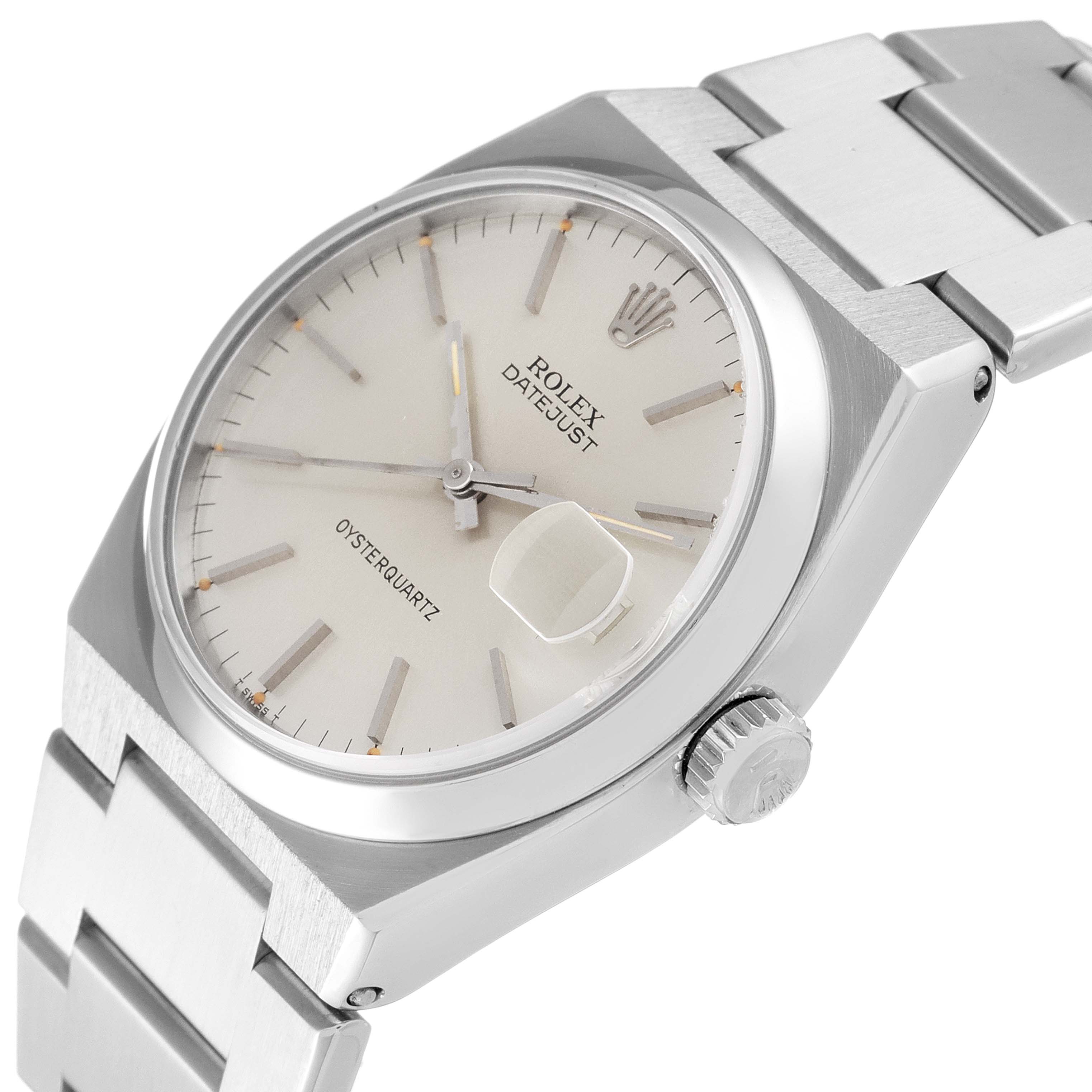 This image shows a Rolex Oysterquartz 17000 Men's Stainless Steel Silver Dial 17000 Men's Stainless Steel Silver Dial Datejust watch at a three-quarter angle, highlighting the dial, crown, and metal bracelet.