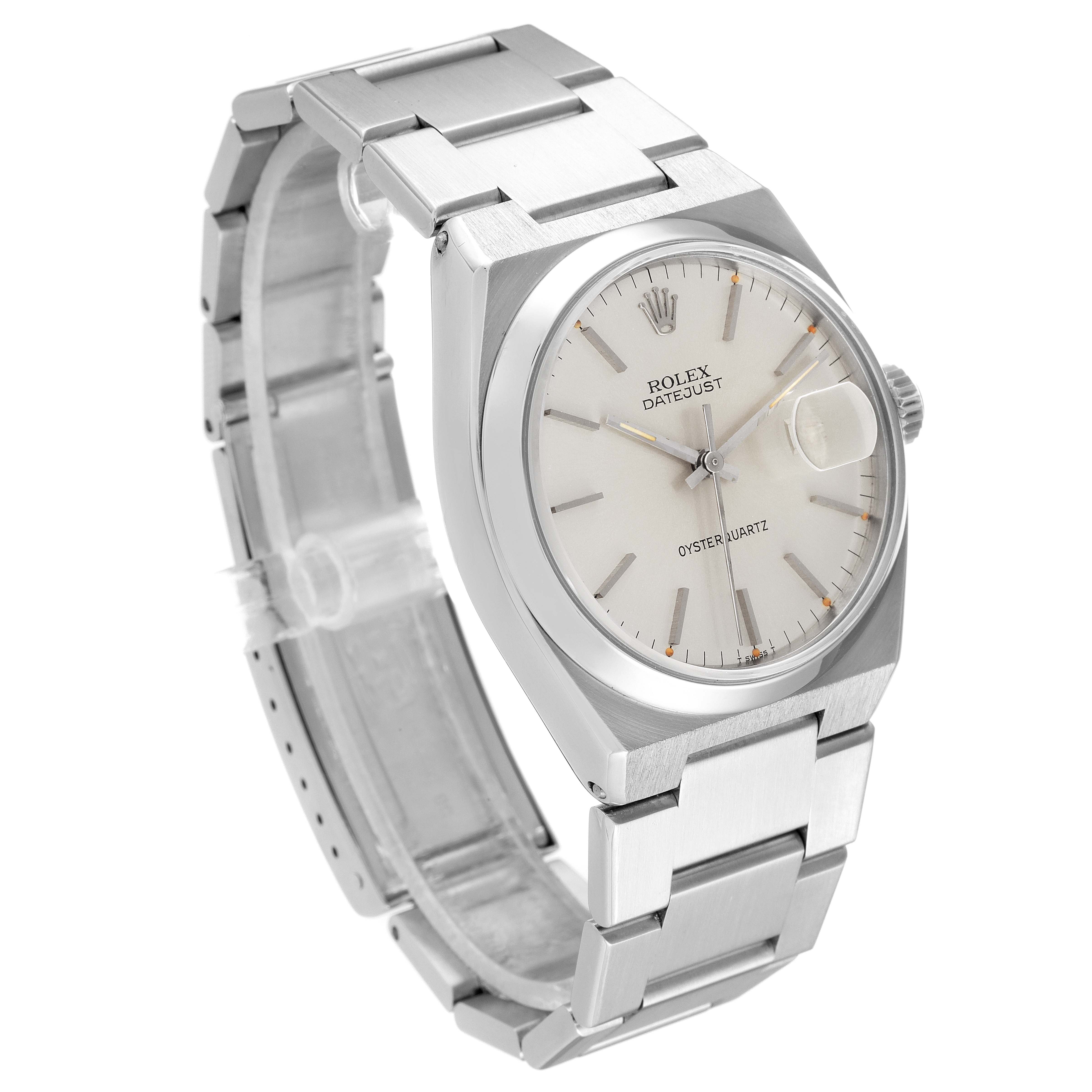 The image shows a Rolex Oysterquartz 17000 Men's Stainless Steel Silver Dial 17000 Men's Stainless Steel Silver Dial Datejust watch at a slight side angle, displaying its stainless steel case, bracelet, and dial.