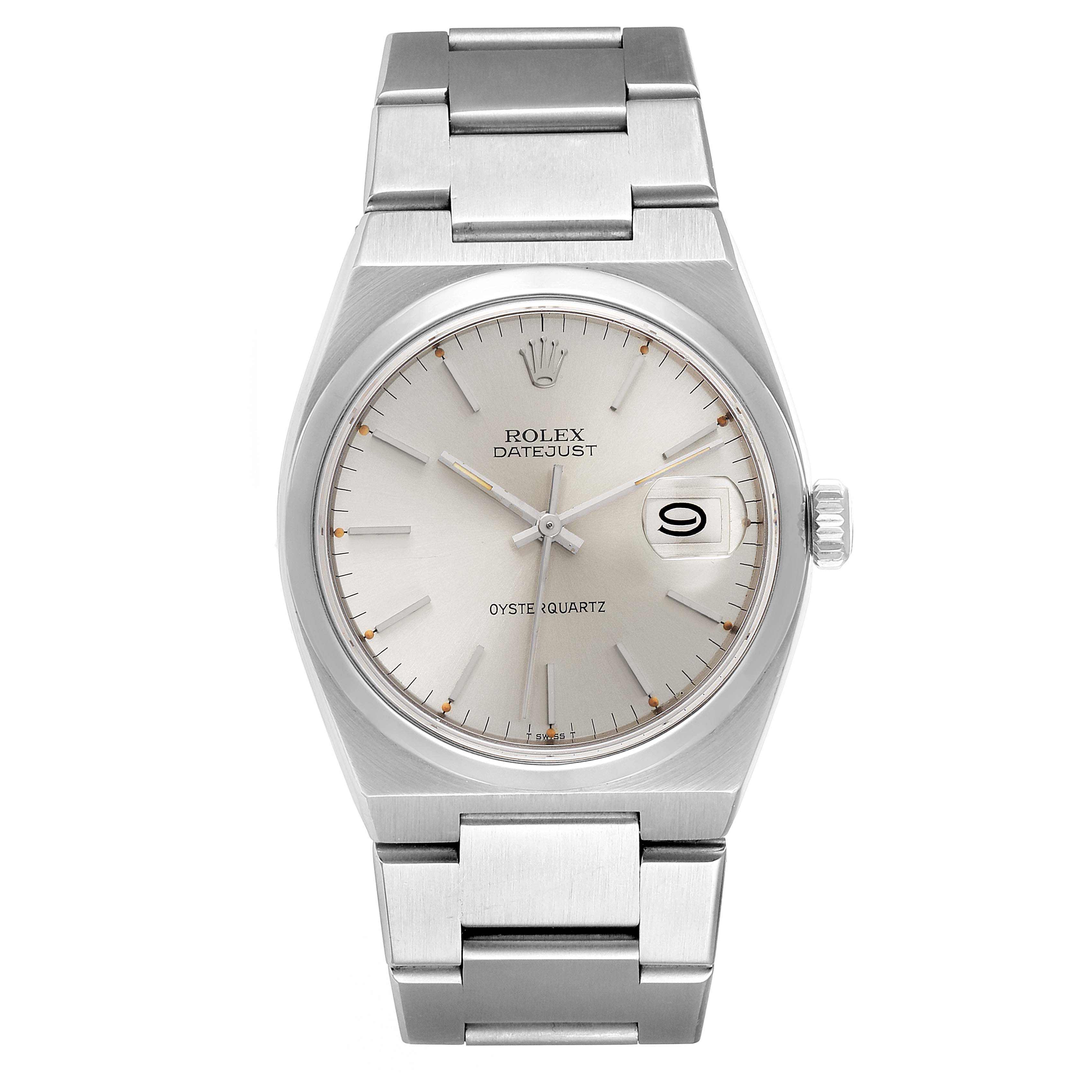 The image shows a Rolex Oysterquartz 17000 Men's Stainless Steel Silver Dial 17000 Men's Stainless Steel Silver Dial Datejust watch from a front angle, displaying the dial, bracelet, and crown.
