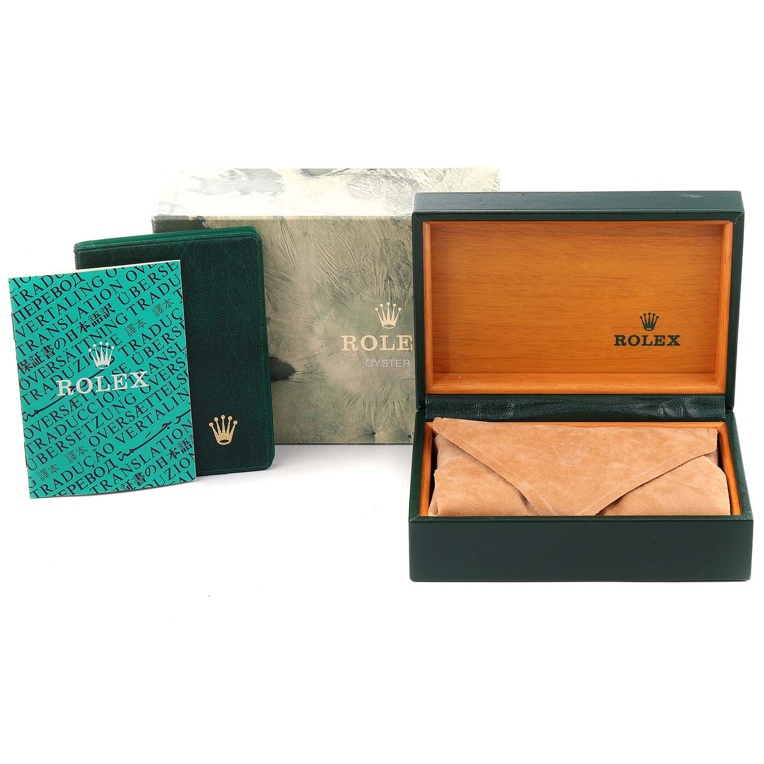 The image shows a Rolex Oysterquartz 17000 Men's Stainless Steel Silver Dial 17000 Men's Stainless Steel Silver Dial watch box, a protective pouch, warranty card, and official paperwork.