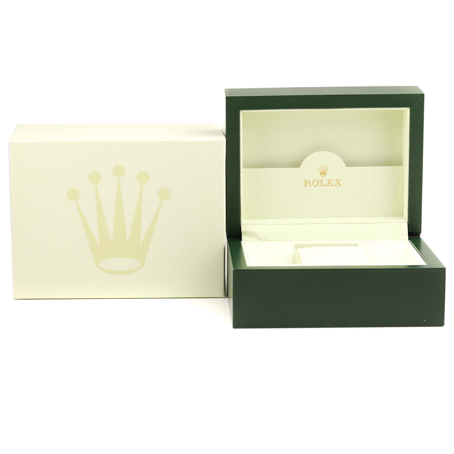 This image shows an open, empty green and white box, an accessory for the Rolex Pearlmaster 69299 Women's White Gold Mother of Pearl Dial 69299 Women's White Gold Mother of Pearl Dial watch, alongside its matching outer packaging.
