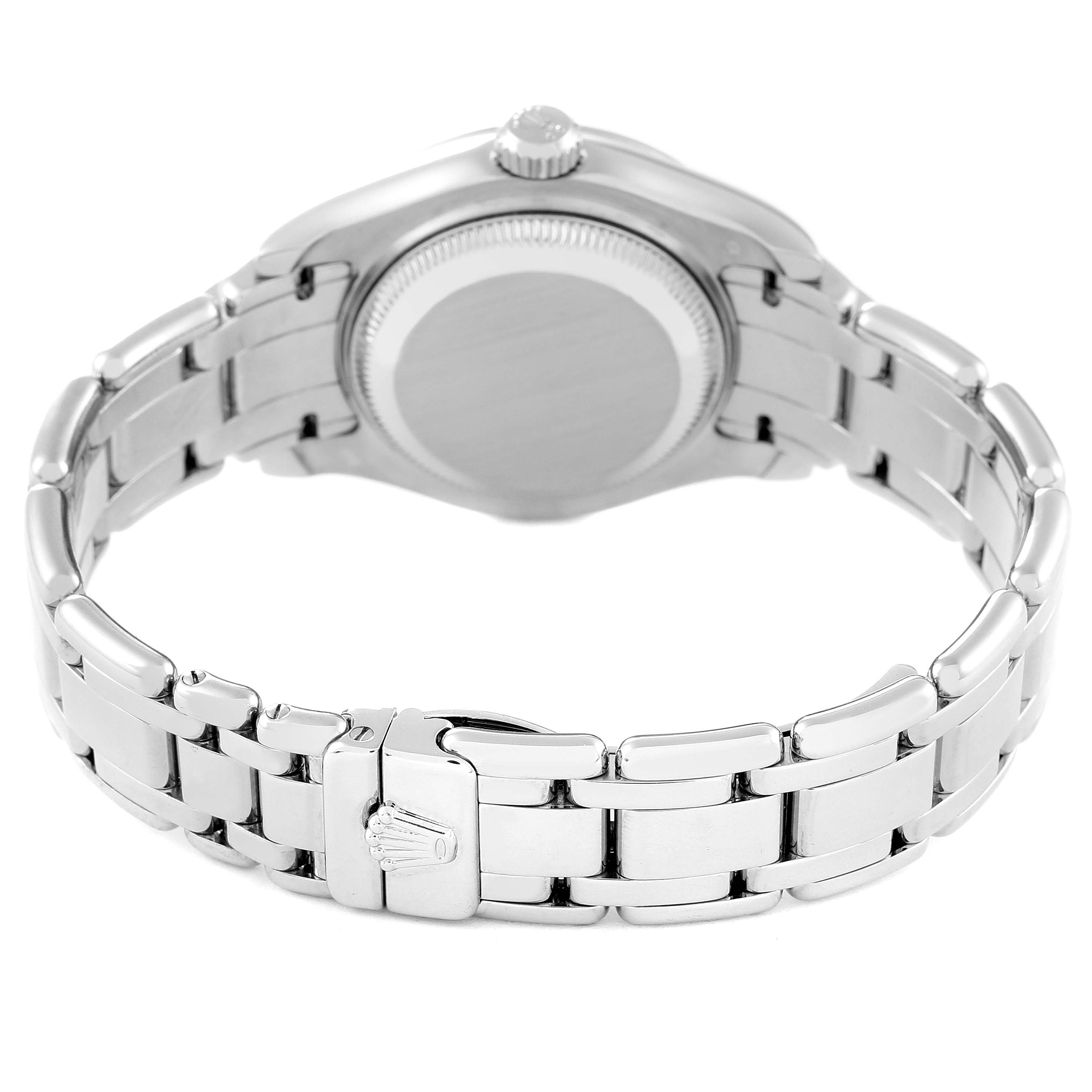 The image shows the back of the Rolex Pearlmaster 69299 Women's White Gold Mother of Pearl Dial 69299 Women's White Gold Mother of Pearl Dial watch, highlighting its bracelet and clasp.