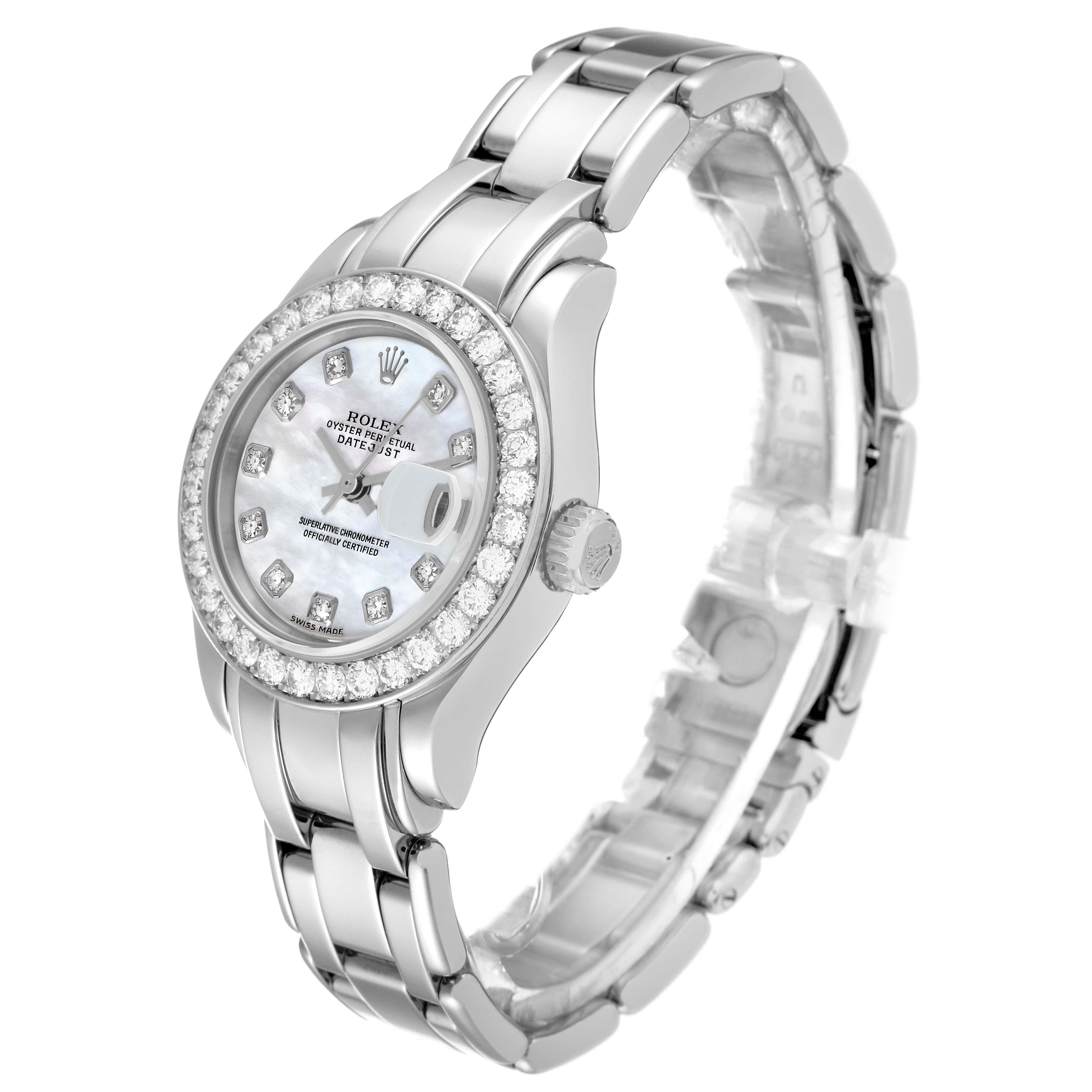 This image displays a Rolex Pearlmaster 69299 Women's White Gold Mother of Pearl Dial 69299 Women's White Gold Mother of Pearl Dial watch at a slight angle, showcasing the face, bezel with diamonds, and part of the bracelet.