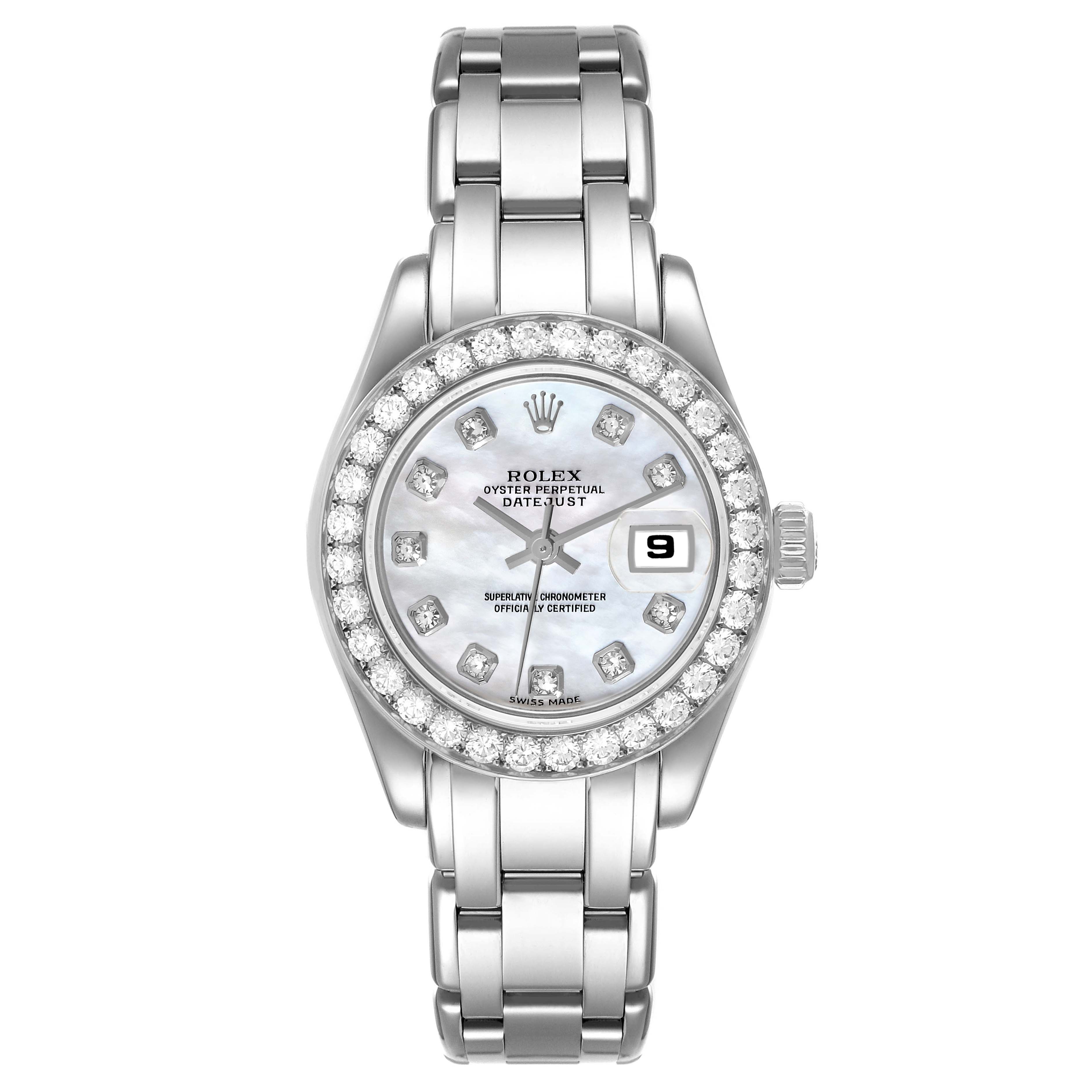 This image shows a front view of the Rolex Pearlmaster 69299 Women's White Gold Mother of Pearl Dial 69299 Women's White Gold Mother of Pearl Dial watch, highlighting its face, bezel with diamonds, and bracelet.
