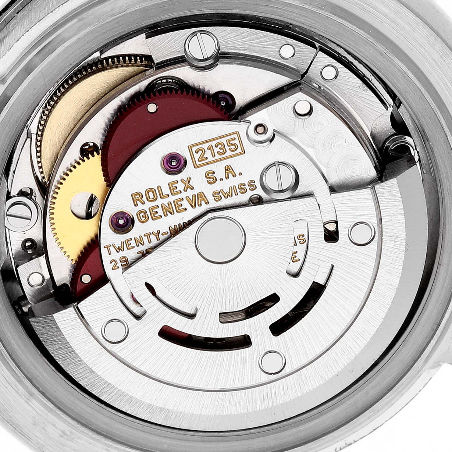 This is an internal view of the Rolex Pearlmaster 69299 Women's White Gold Mother of Pearl Dial 69299 Women's White Gold Mother of Pearl Dial watch showing its intricate mechanical parts and movement components.