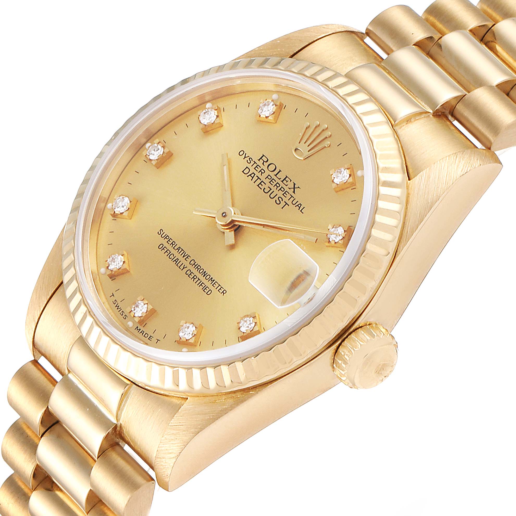 This image shows a close-up angle of a gold Rolex President 68278 Women
s Yellow Gold Champagne Dial 68278 Women
s Yellow Gold Champagne Dial watch, displaying the dial, crown, and part of the bracelet.