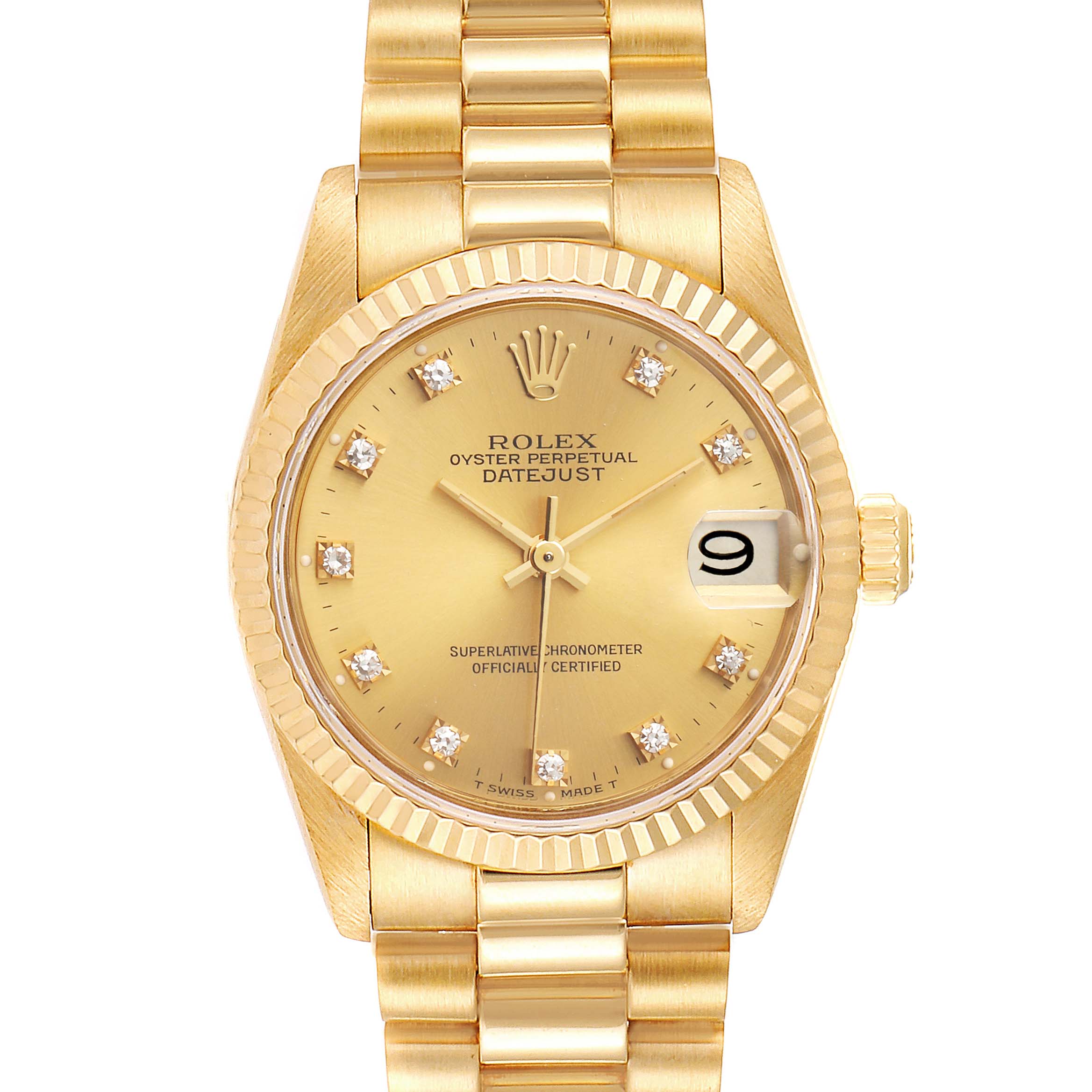 The image shows a full front view of the Rolex President 68278 Women
s Yellow Gold Champagne Dial 68278 Women
s Yellow Gold Champagne Dial model, highlighting the golden dial, diamond hour markers, and fluted bezel.