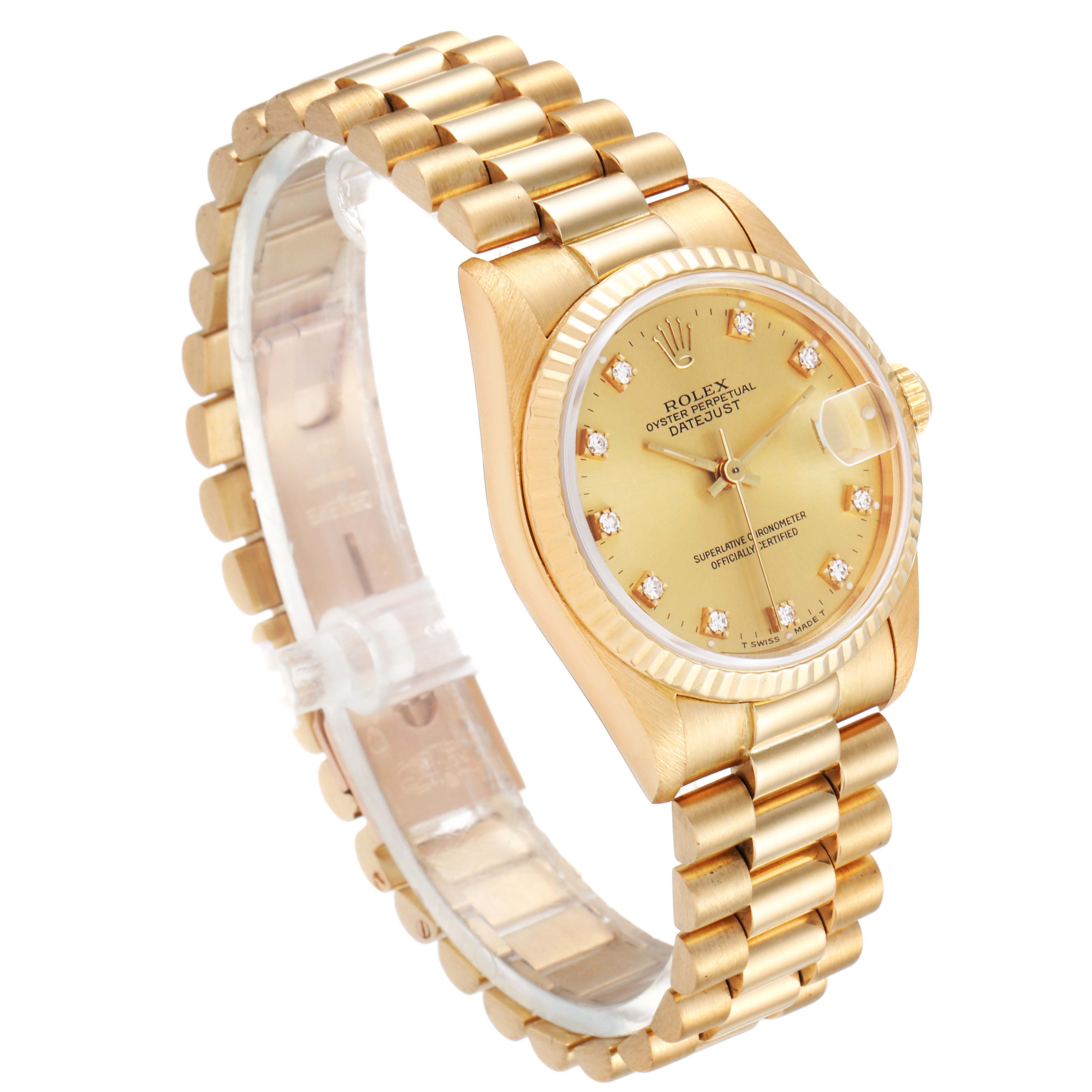 The image shows the front and side views of a gold Rolex President 68278 Women
s Yellow Gold Champagne Dial 68278 Women
s Yellow Gold Champagne Dial model with a linked bracelet and diamond markers.
