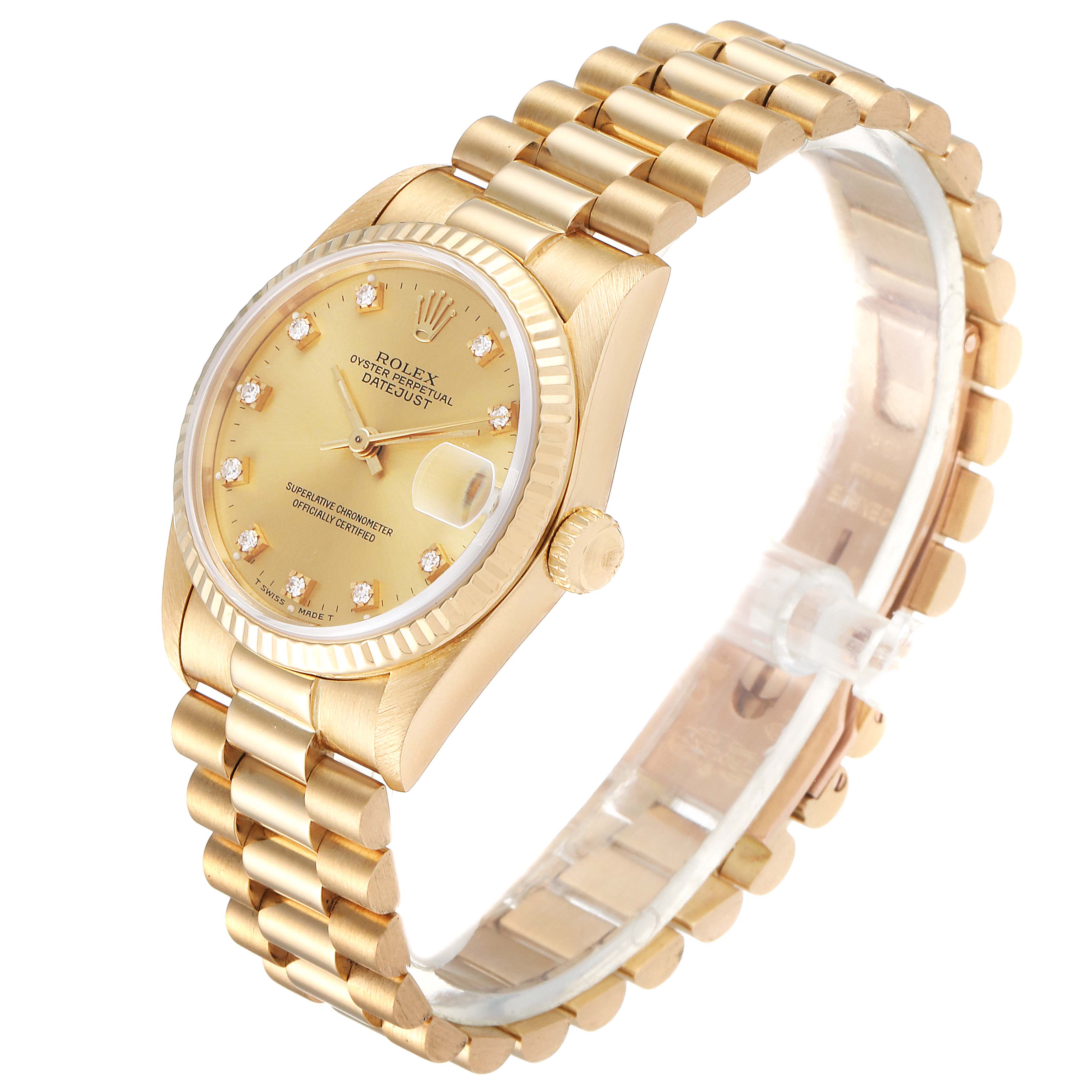 The image shows a side angle view of a Rolex President 68278 Women
s Yellow Gold Champagne Dial 68278 Women
s Yellow Gold Champagne Dial model watch, highlighting the dial, bezel, crown, and bracelet.