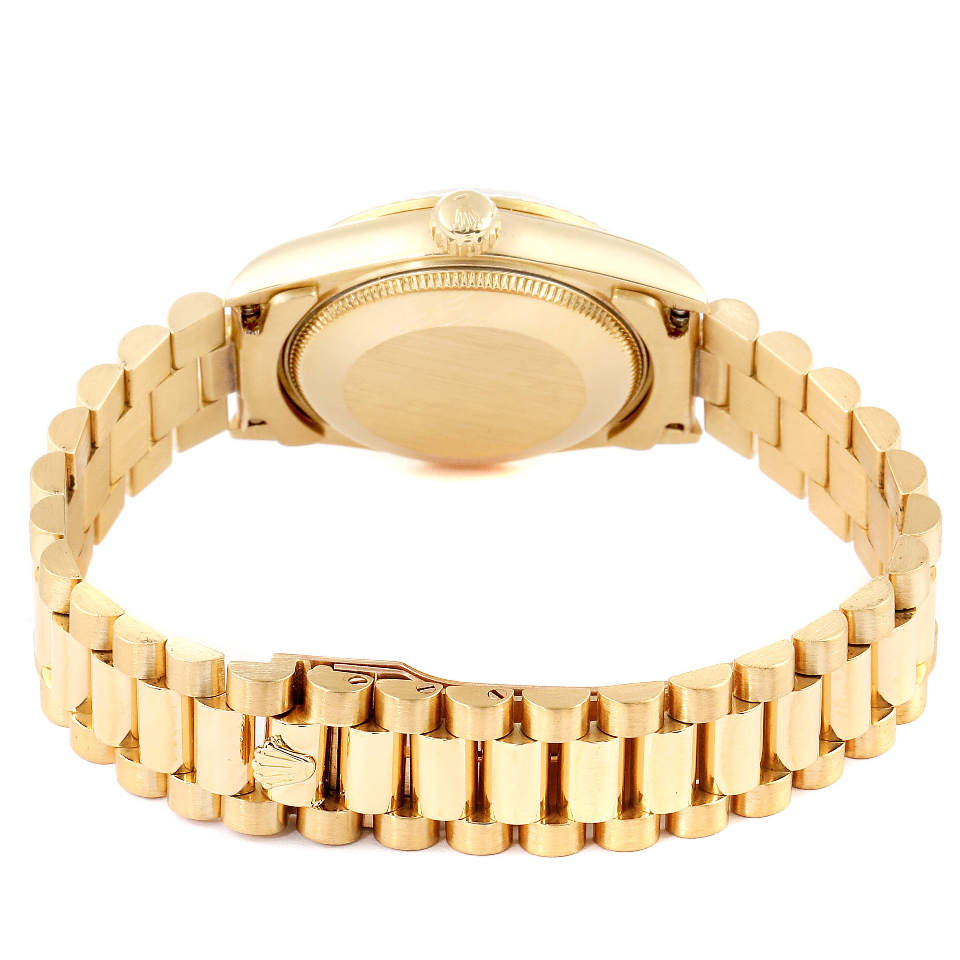 This is a rear view of the Rolex President 68278 Women
s Yellow Gold Champagne Dial 68278 Women
s Yellow Gold Champagne Dial model showing its gold case back and bracelet.