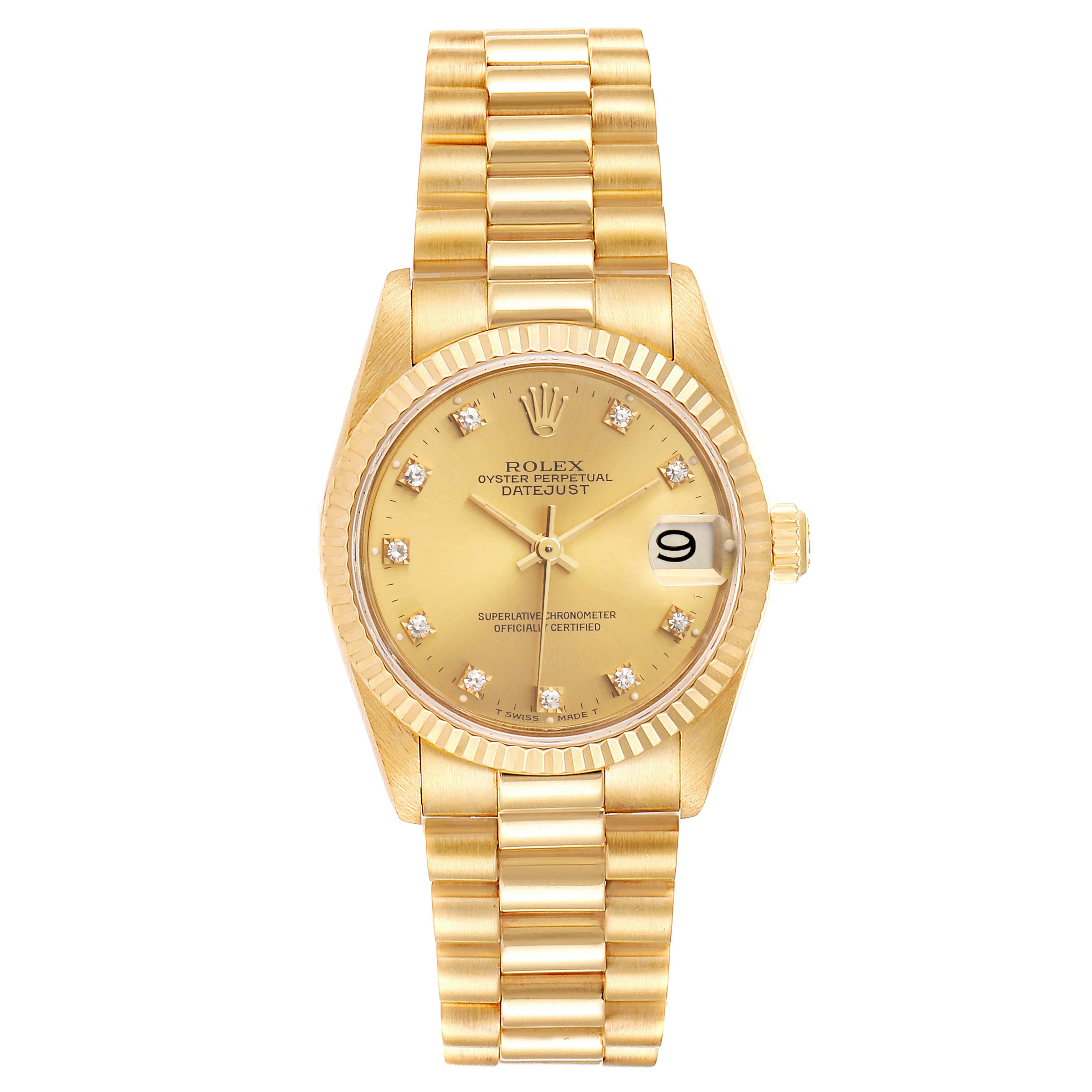 The image shows a front view of the Rolex President 68278 Women
s Yellow Gold Champagne Dial 68278 Women
s Yellow Gold Champagne Dial model watch, featuring its gold bracelet, dial, and date feature.