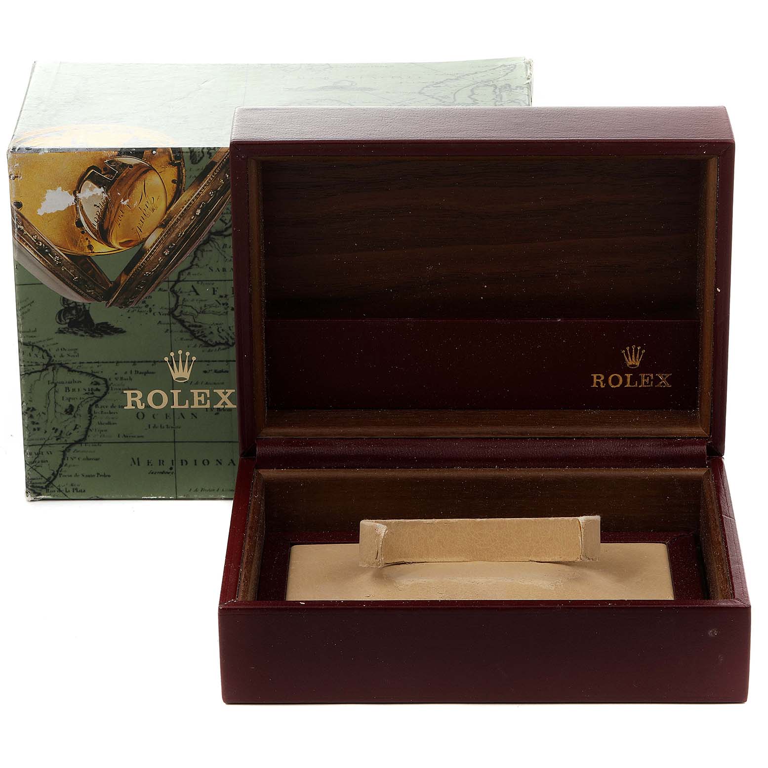 This image shows an open Rolex watch box and its exterior packaging for the President model.