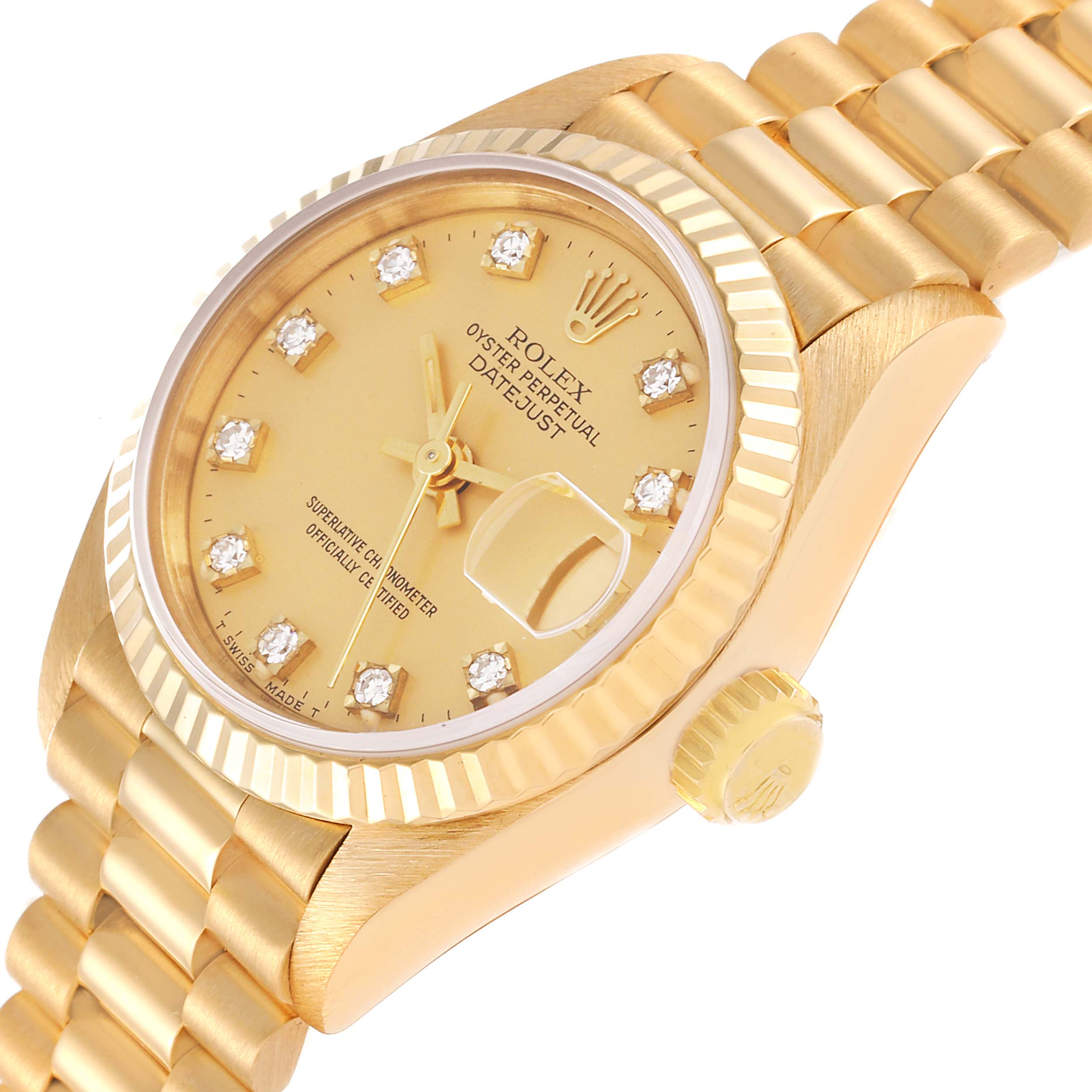 The Rolex President 69178 Women
s Yellow Gold Champagne Dial 69178 Women
s Yellow Gold Champagne Dial model watch is shown from an angled side view, highlighting the gold dial, fluted bezel, crown, and bracelet.