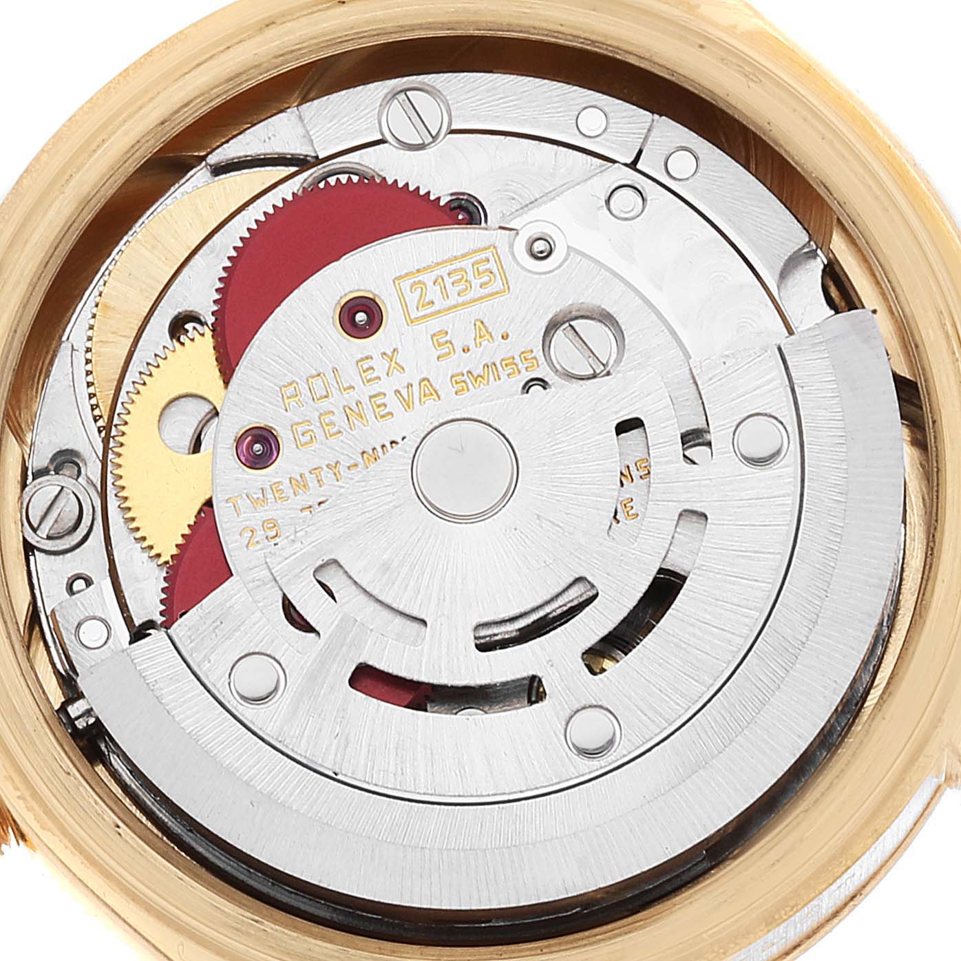 This image shows a close-up view of the movement parts inside a Rolex President 69178 Women
s Yellow Gold Champagne Dial 69178 Women
s Yellow Gold Champagne Dial model watch.