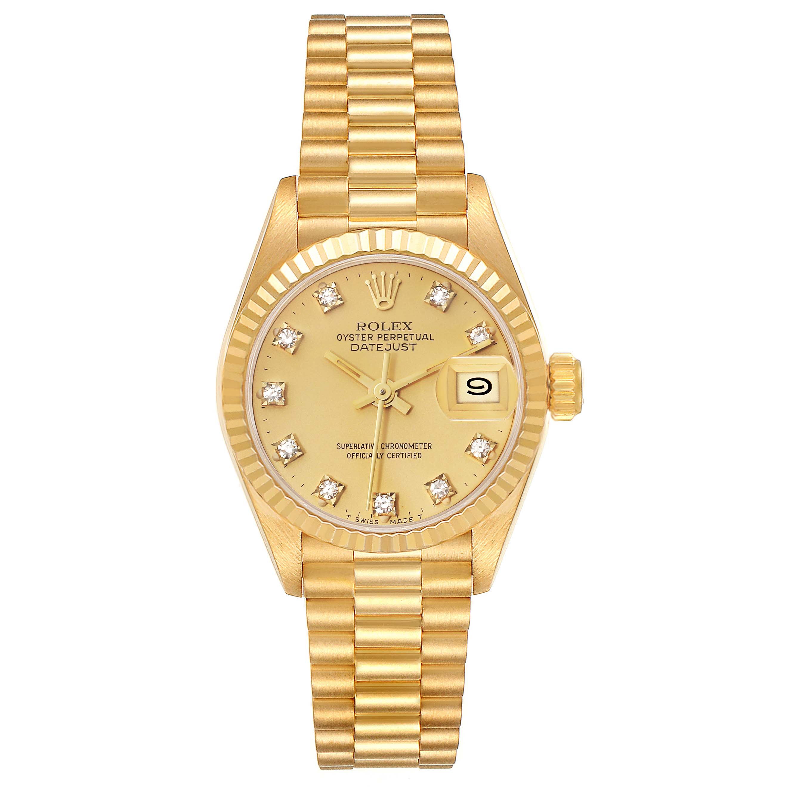 This image shows a front view of a Rolex President 69178 Women
s Yellow Gold Champagne Dial 69178 Women
s Yellow Gold Champagne Dial model watch, displaying the dial, bezel, crown, and bracelet.