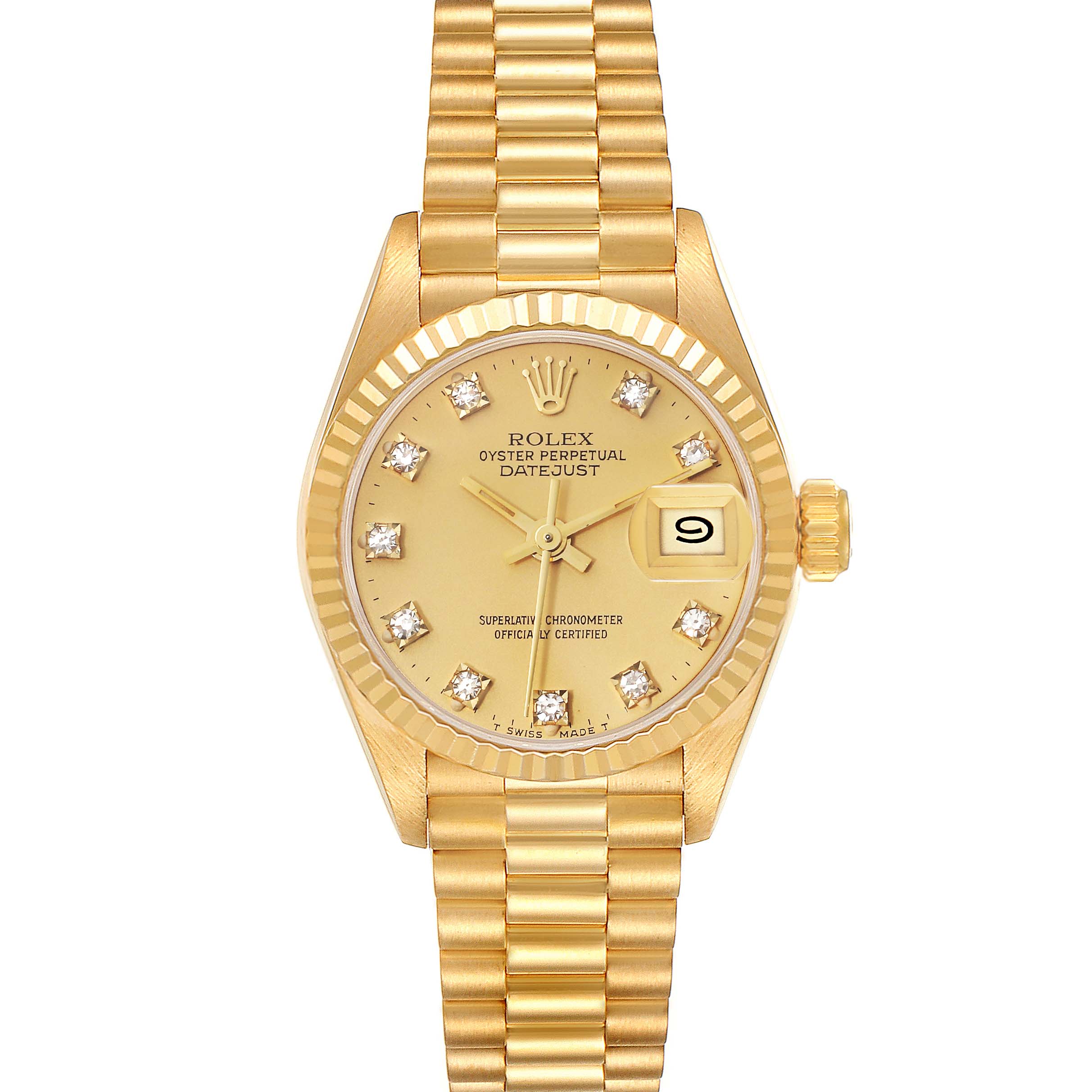 The image shows a gold Rolex President 69178 Women
s Yellow Gold Champagne Dial 69178 Women
s Yellow Gold Champagne Dial model Datejust watch from a front angle, highlighting the dial, bracelet, and bezel.