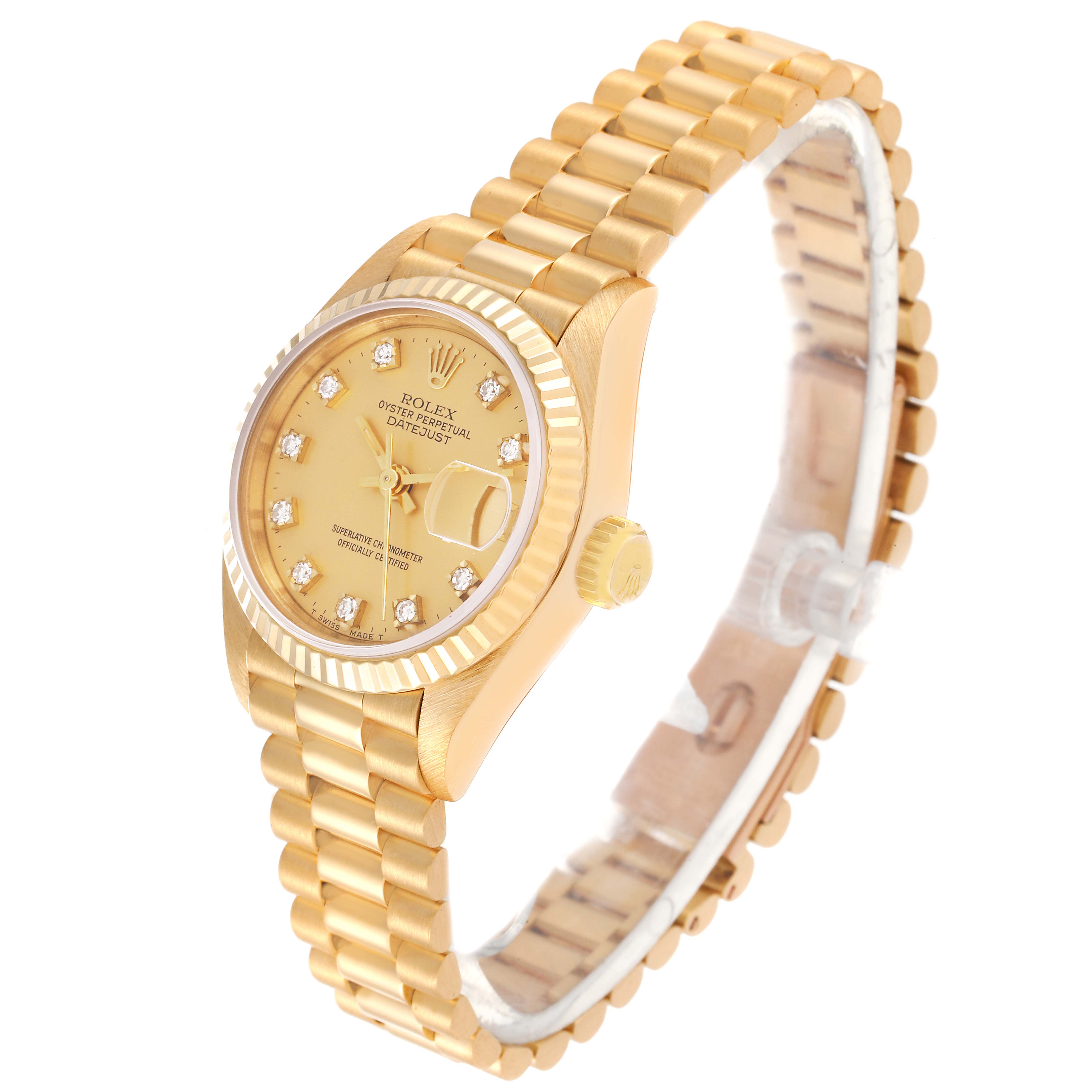 The image shows a Rolex President 69178 Women
s Yellow Gold Champagne Dial 69178 Women
s Yellow Gold Champagne Dial model watch angled from the right side, displaying the dial, crown, bracelet, and part of the clasp.