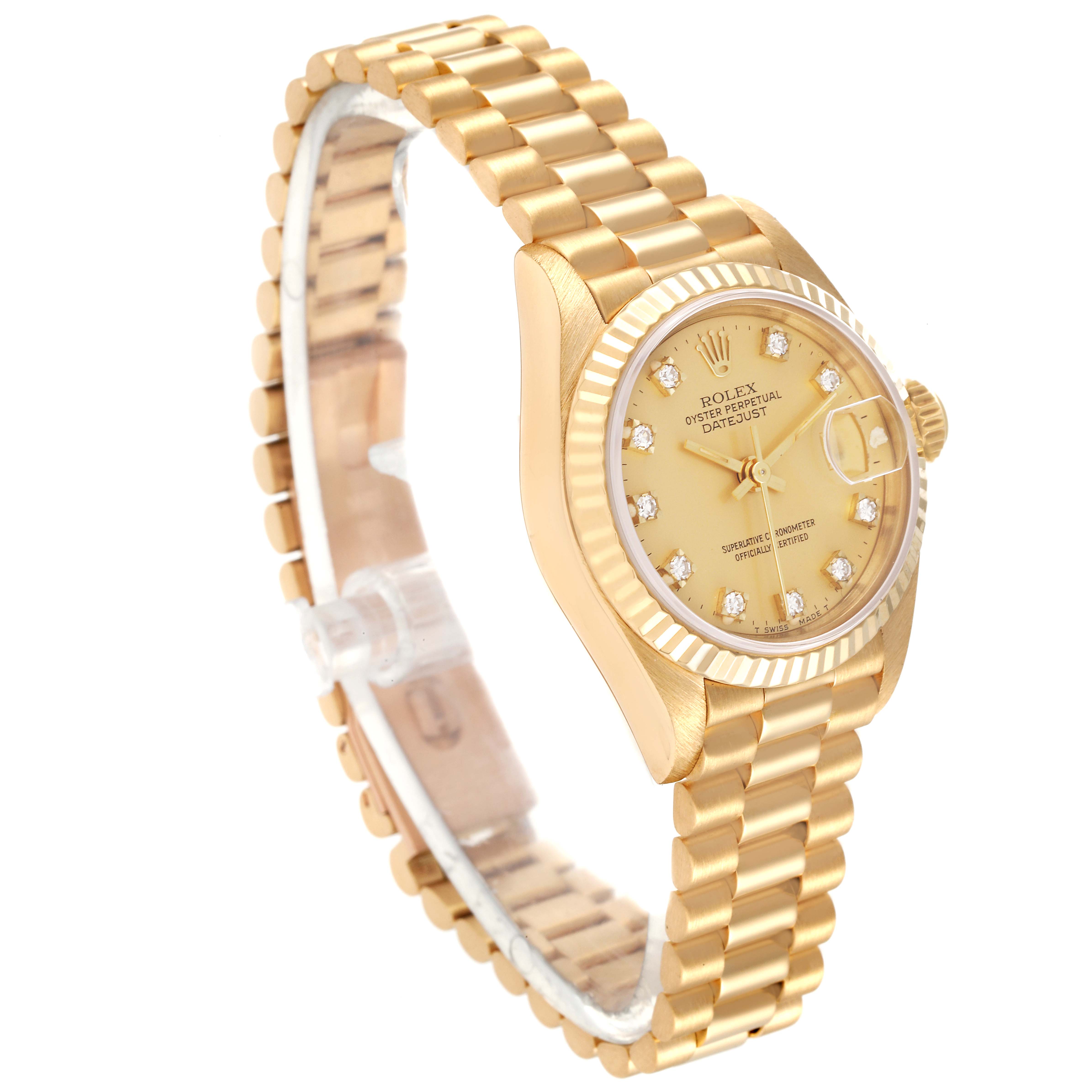 The Rolex President 69178 Women
s Yellow Gold Champagne Dial 69178 Women
s Yellow Gold Champagne Dial model watch is shown at a slight diagonal angle, highlighting the face, bracelet, and partial crown.
