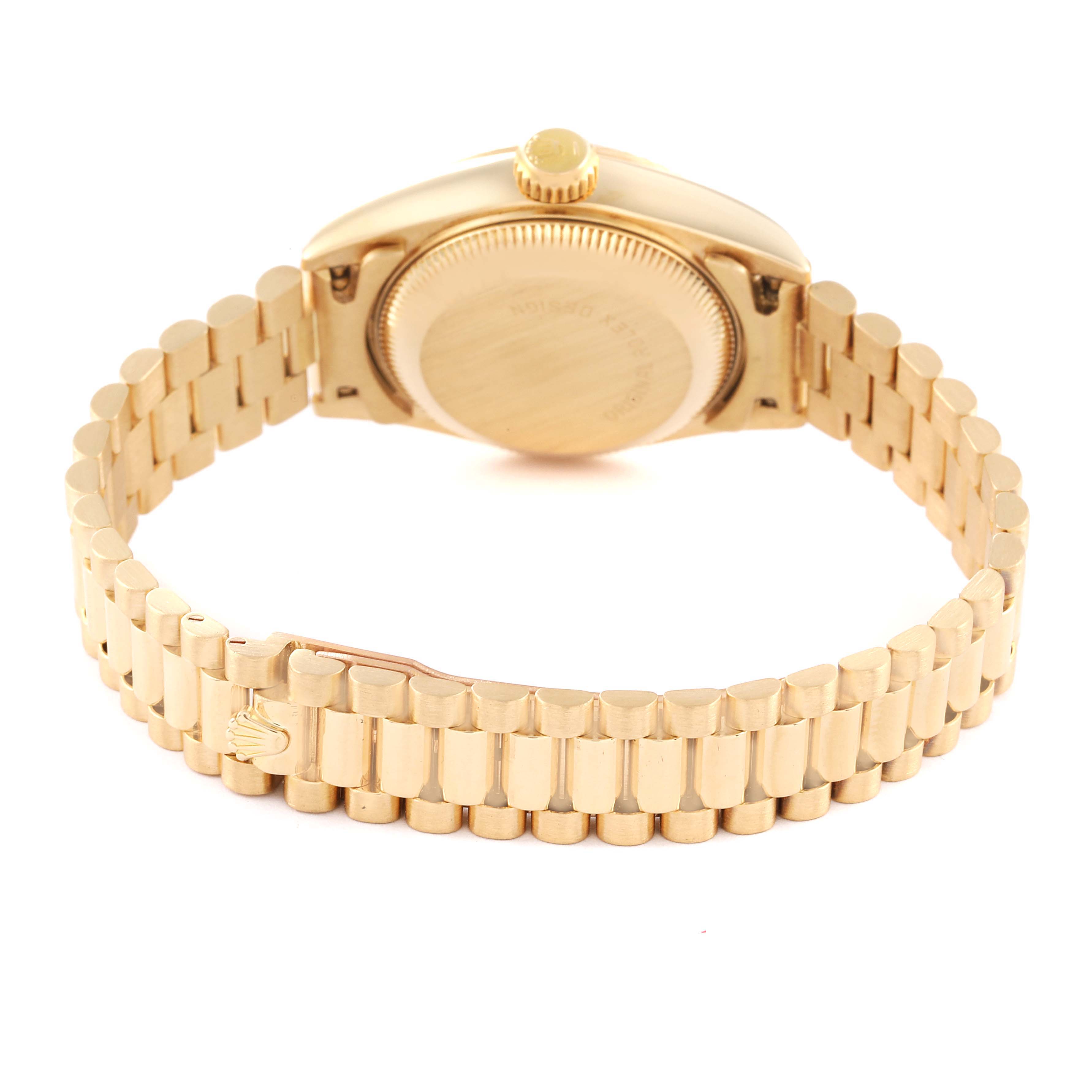 This image shows the back case and bracelet of the Rolex President 69178 Women
s Yellow Gold Champagne Dial 69178 Women
s Yellow Gold Champagne Dial model watch from a rear angle.