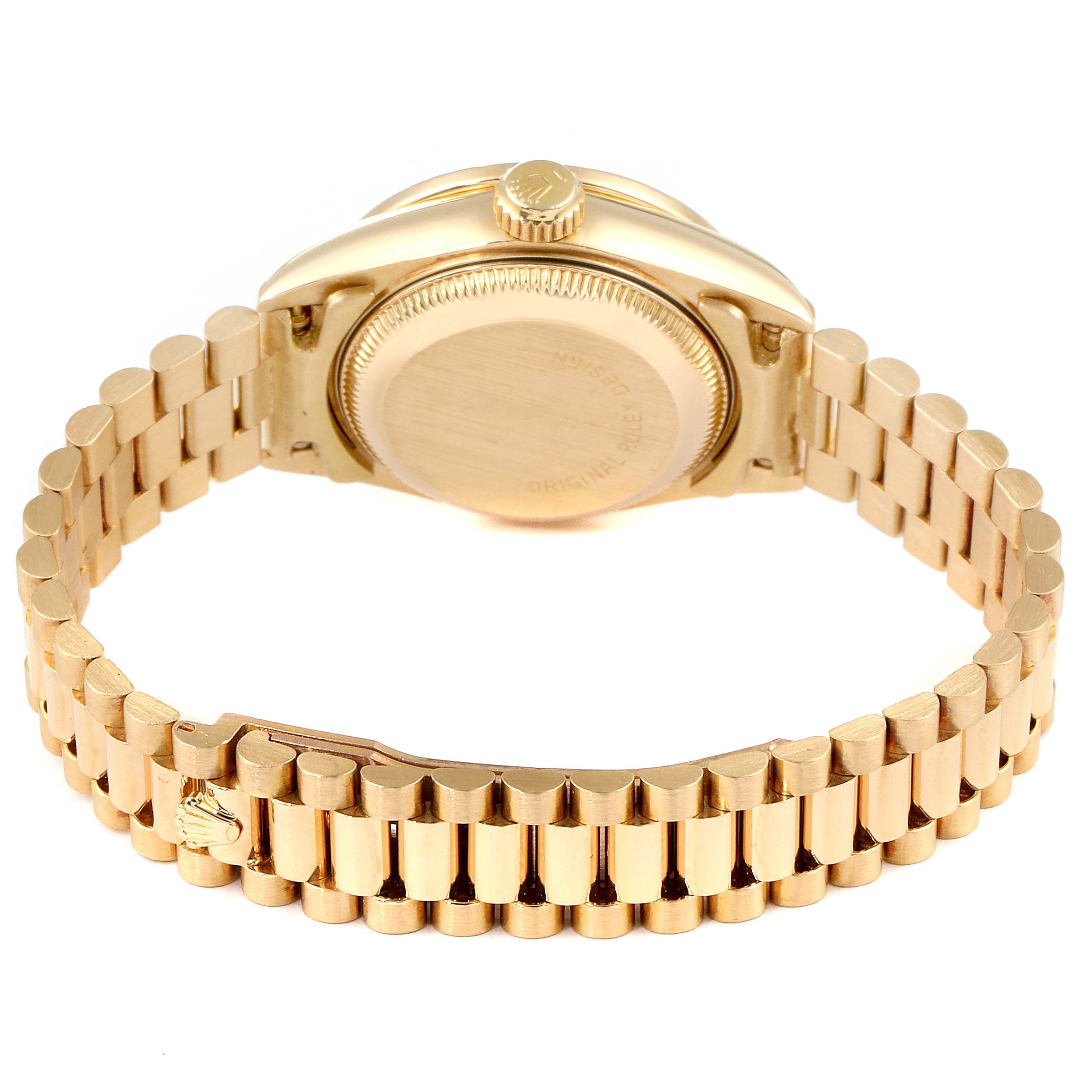 The image shows the back and bracelet of a Rolex President 69138 Women
s Yellow Gold Champagne Dial 69138 Women
s Yellow Gold Champagne Dial model watch, viewed from the rear.