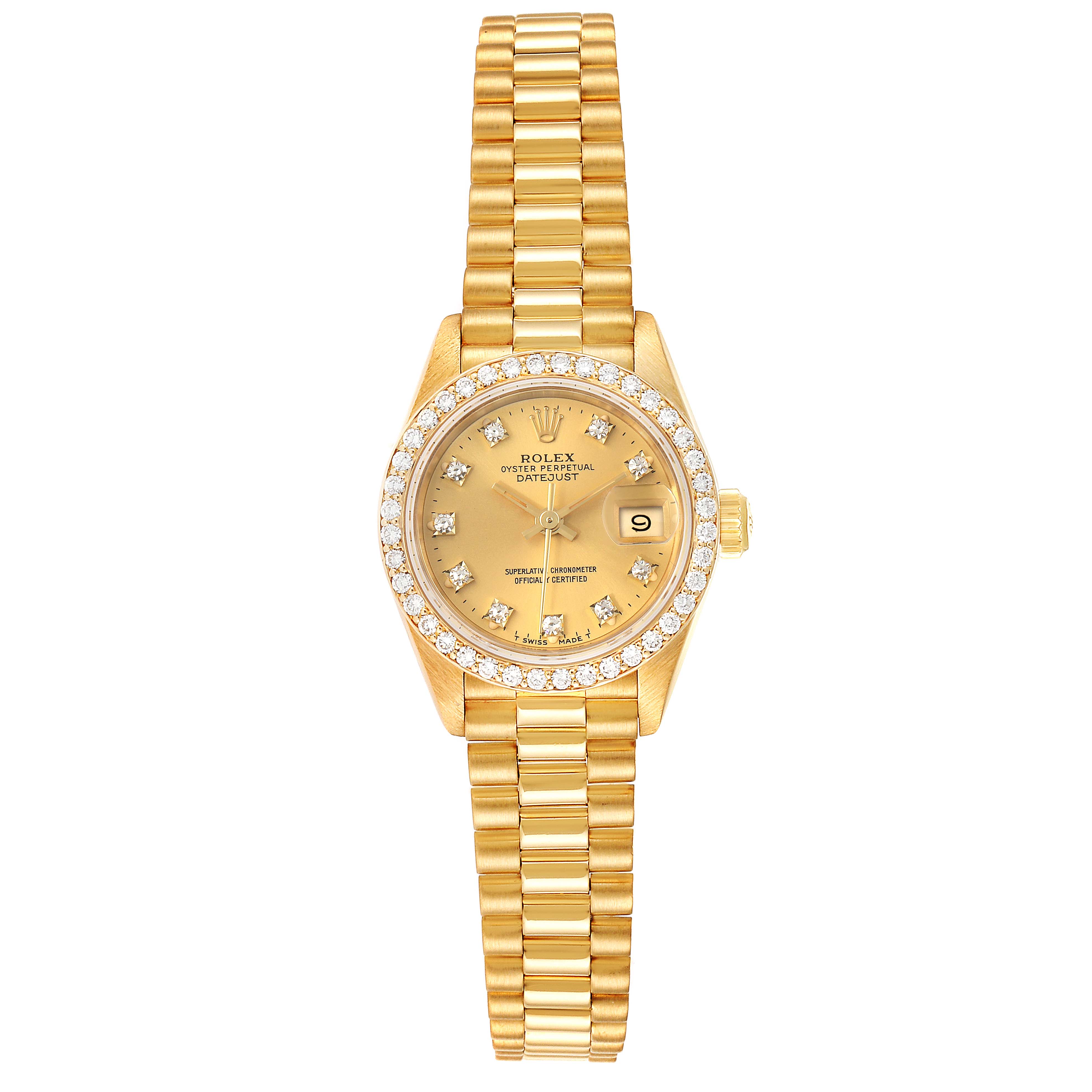 This image shows a front view of the Rolex President 69138 Women
s Yellow Gold Champagne Dial 69138 Women
s Yellow Gold Champagne Dial model watch, highlighting its gold band, diamond bezel, and date display.