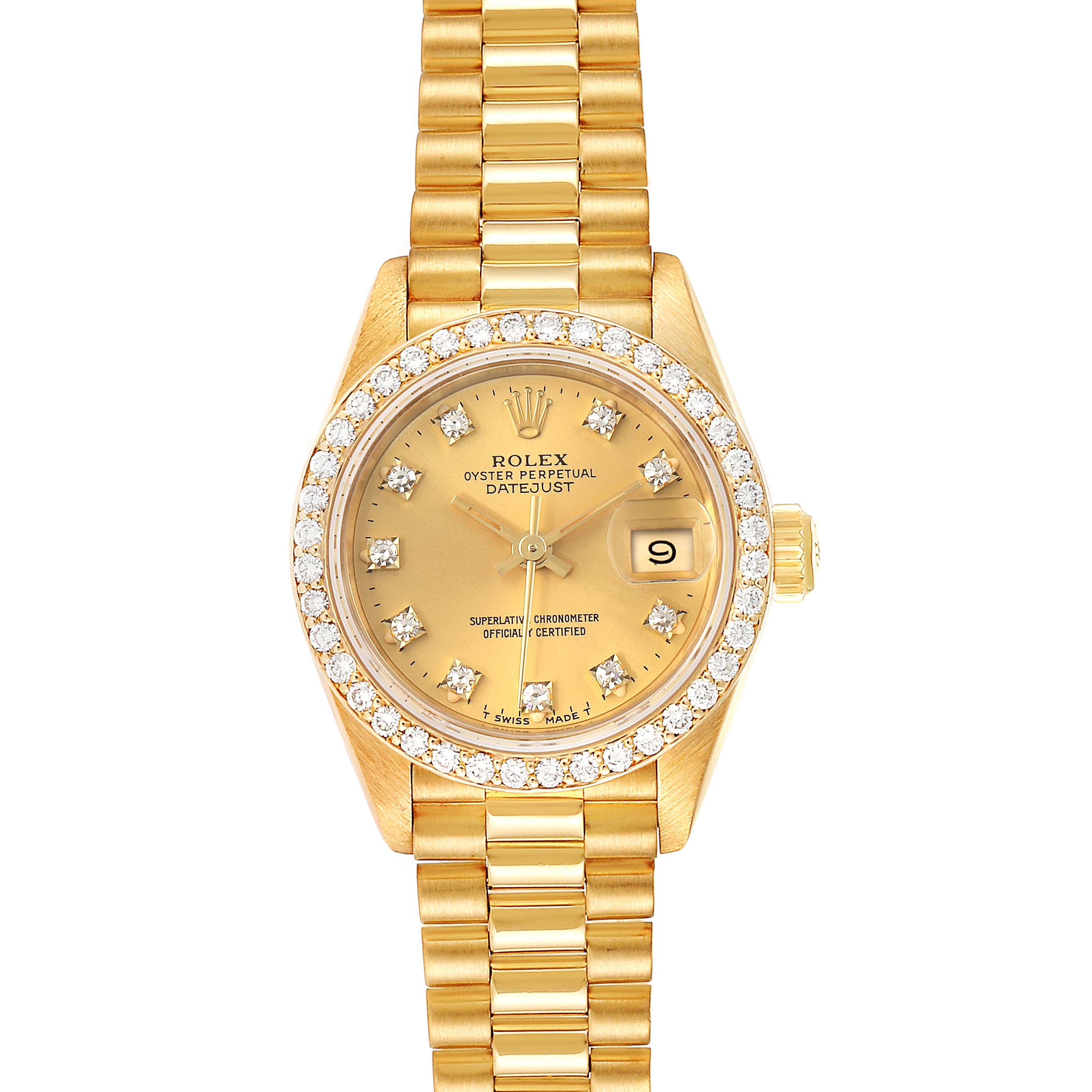 The Rolex President 69138 Women
s Yellow Gold Champagne Dial 69138 Women
s Yellow Gold Champagne Dial model watch is shown from a top-down angle, displaying the dial, bezel, and bracelet.
