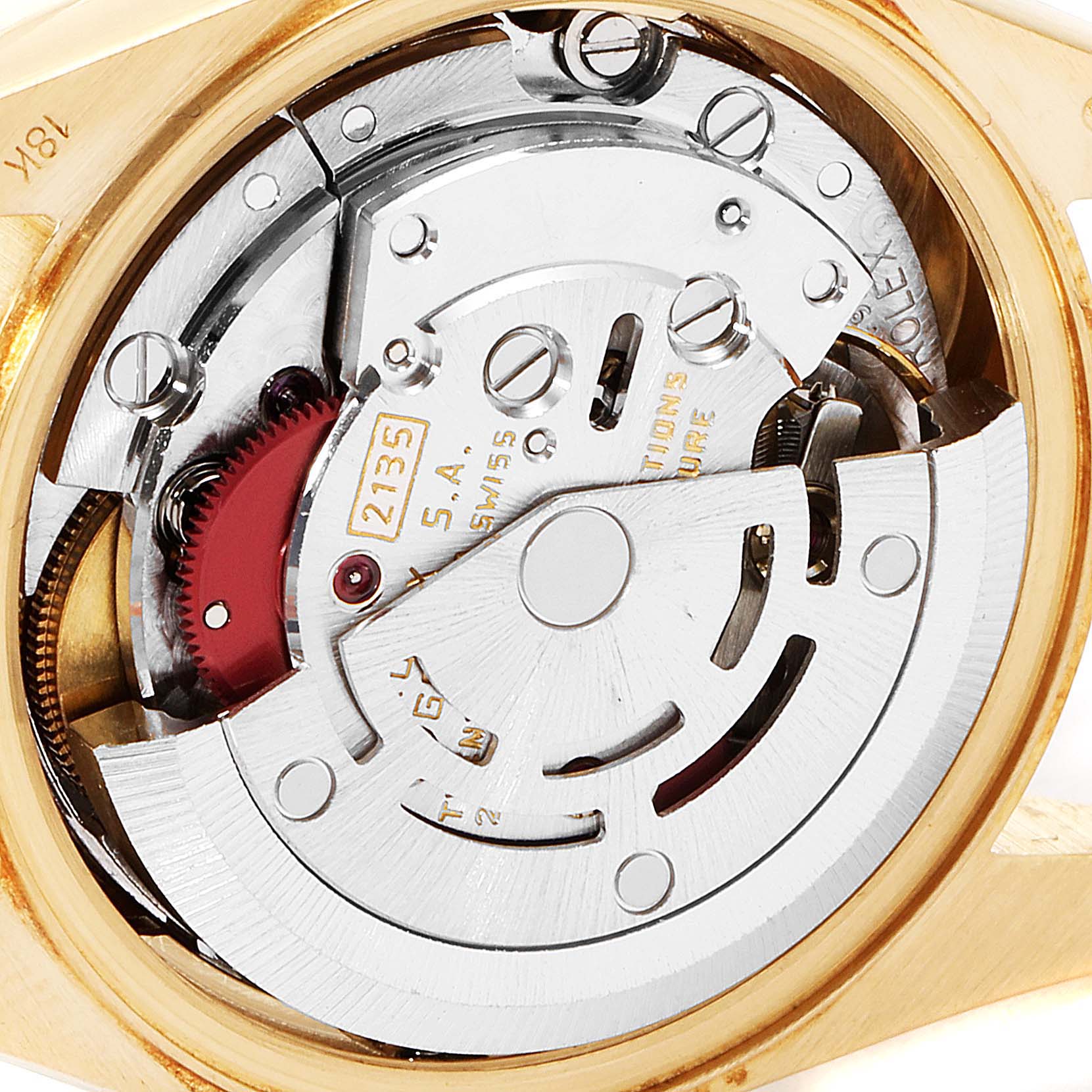 This image shows a close-up of the inner mechanism of a Rolex President 69138 Women
s Yellow Gold Champagne Dial 69138 Women
s Yellow Gold Champagne Dial model watch, highlighting its intricate components.