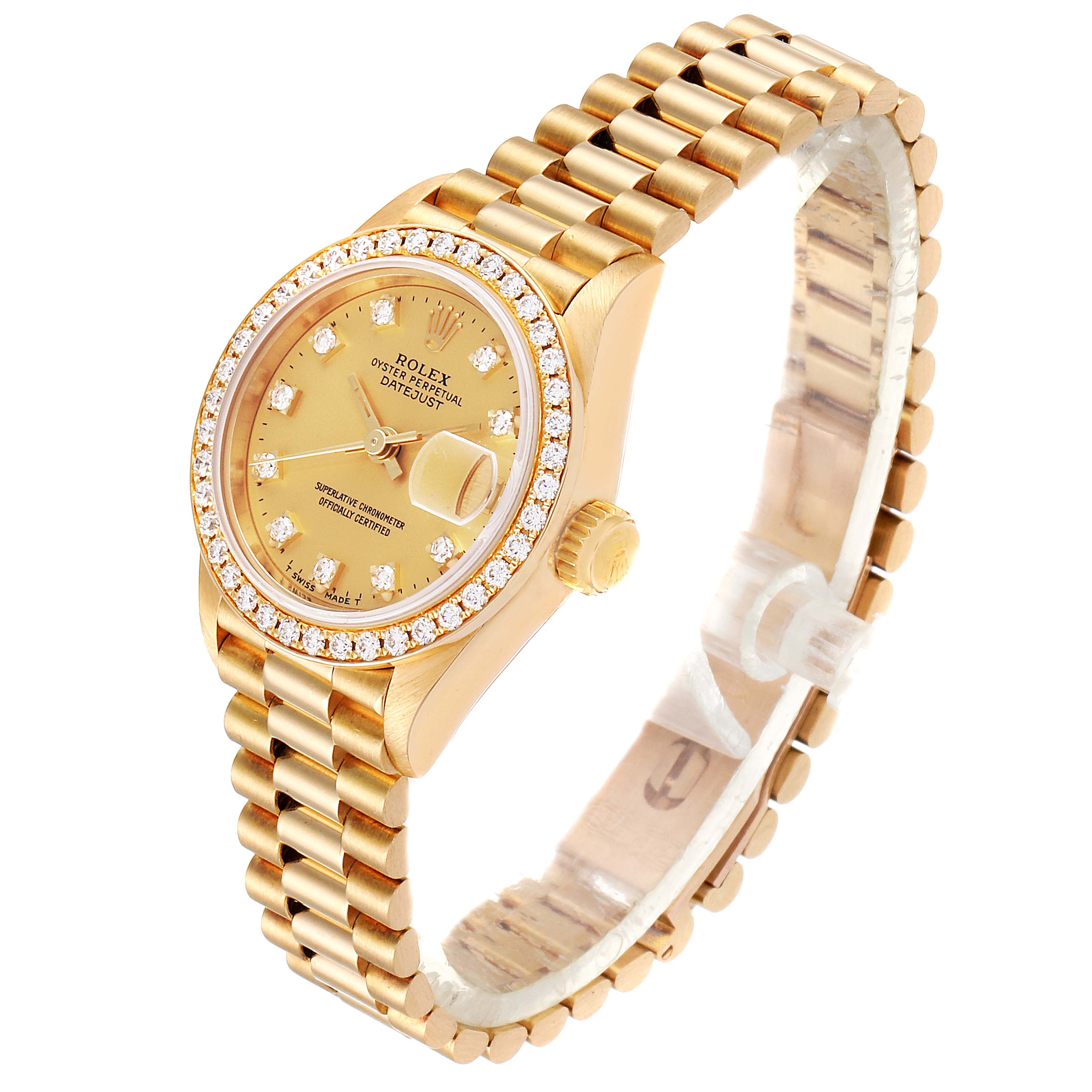 The Rolex President 69138 Women
s Yellow Gold Champagne Dial 69138 Women
s Yellow Gold Champagne Dial model watch is shown from a front angle featuring its gold case, diamond bezel, and linked bracelet.