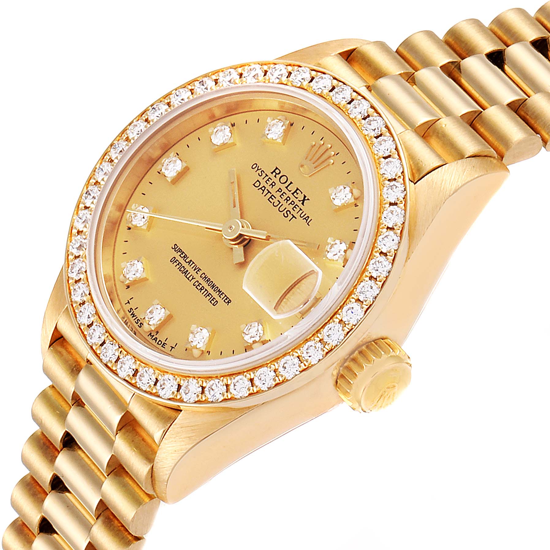The image shows a close-up angle of a Rolex President 69138 Women
s Yellow Gold Champagne Dial 69138 Women
s Yellow Gold Champagne Dial model watch, highlighting its face, bezel, crown, and part of the bracelet.