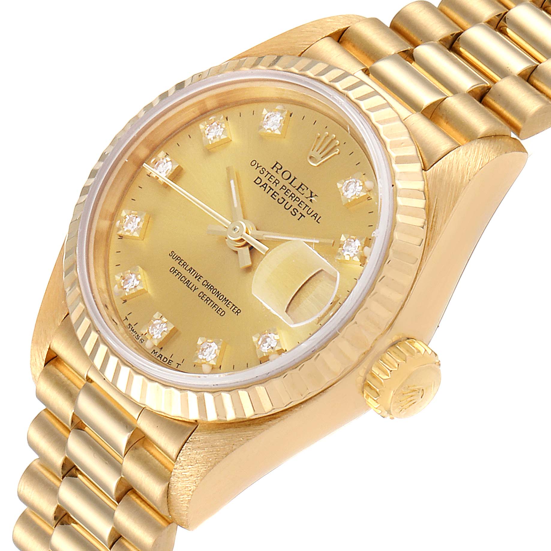 The Rolex President 69178 Women
s Yellow Gold Champagne Dial 69178 Women
s Yellow Gold Champagne Dial model is shown at an angled view highlighting the gold dial, fluted bezel, and part of the bracelet.