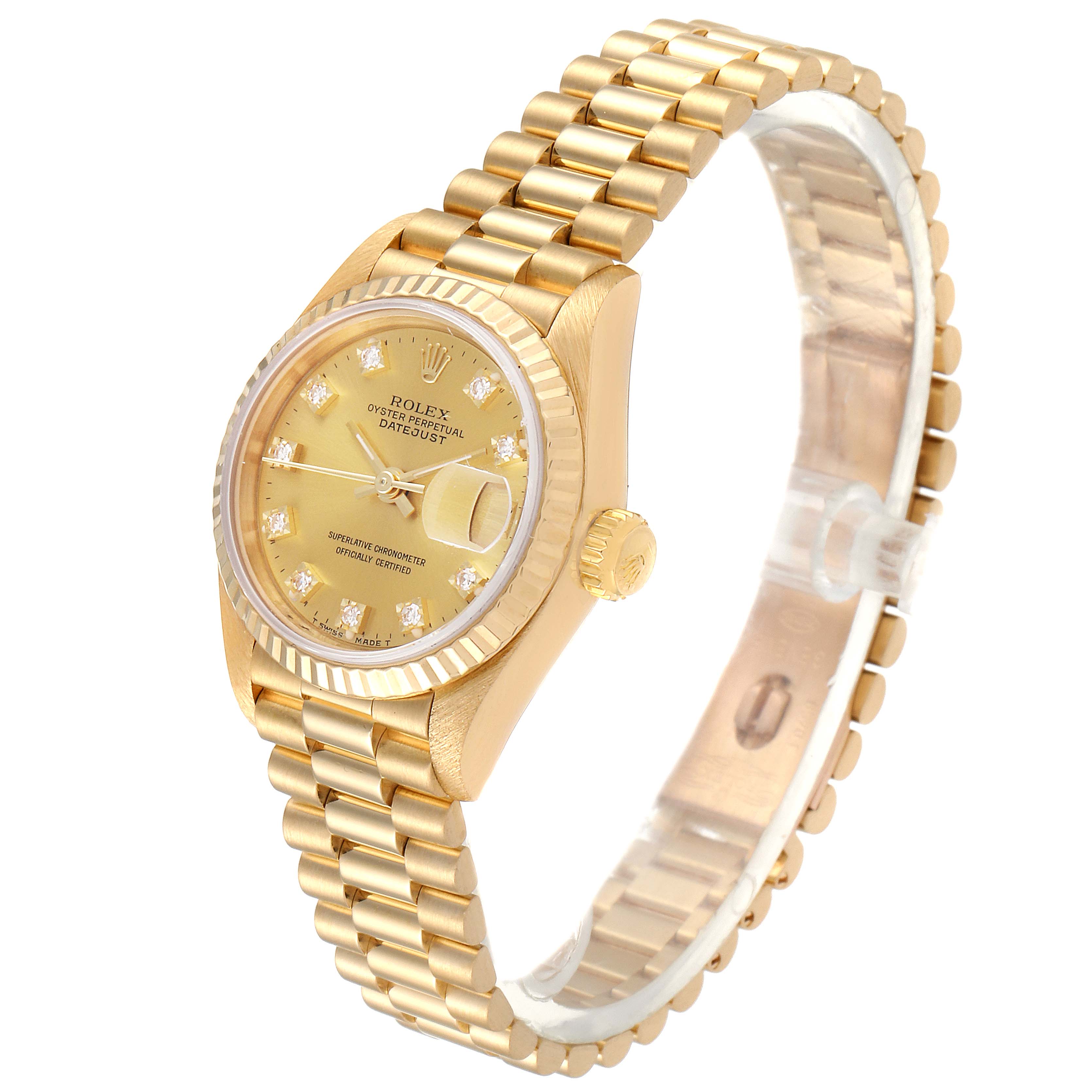 This image shows a Rolex President 69178 Women
s Yellow Gold Champagne Dial 69178 Women
s Yellow Gold Champagne Dial model watch in a three-quarter angle, featuring its face, bezel, crown, and bracelet.