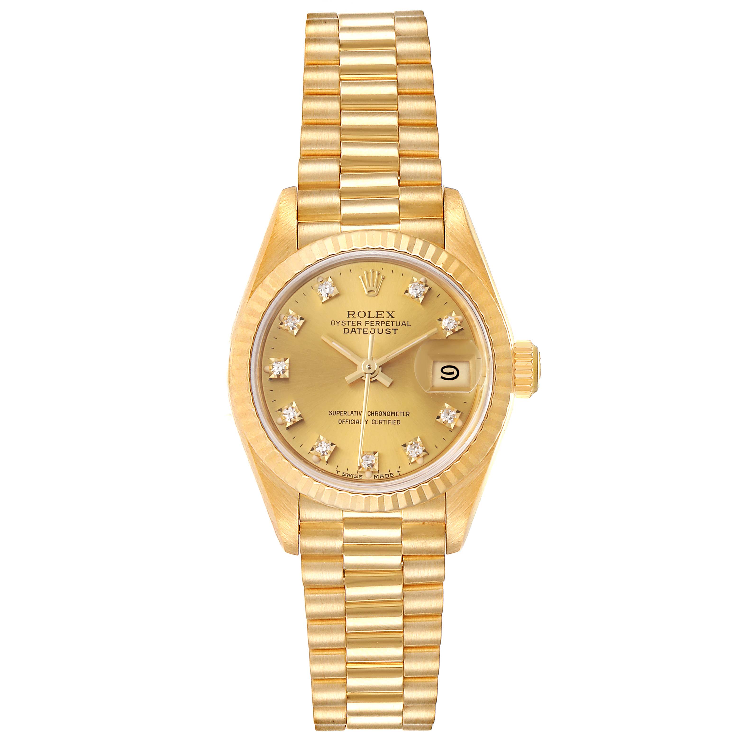 The Rolex President 69178 Women
s Yellow Gold Champagne Dial 69178 Women
s Yellow Gold Champagne Dial model watch is shown from a top-down angle, highlighting the dial, bezel, bracelet, and lugs.