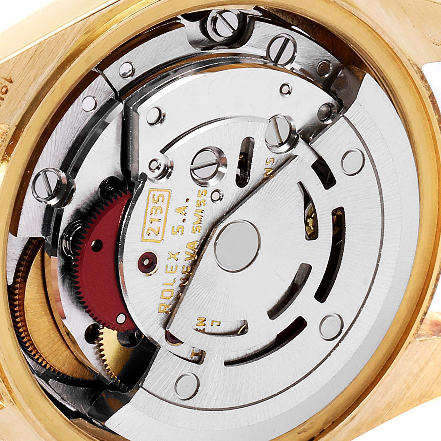The image shows the internal mechanical movement of a Rolex President 69178 Women
s Yellow Gold Champagne Dial 69178 Women
s Yellow Gold Champagne Dial model watch, viewed from the back.
