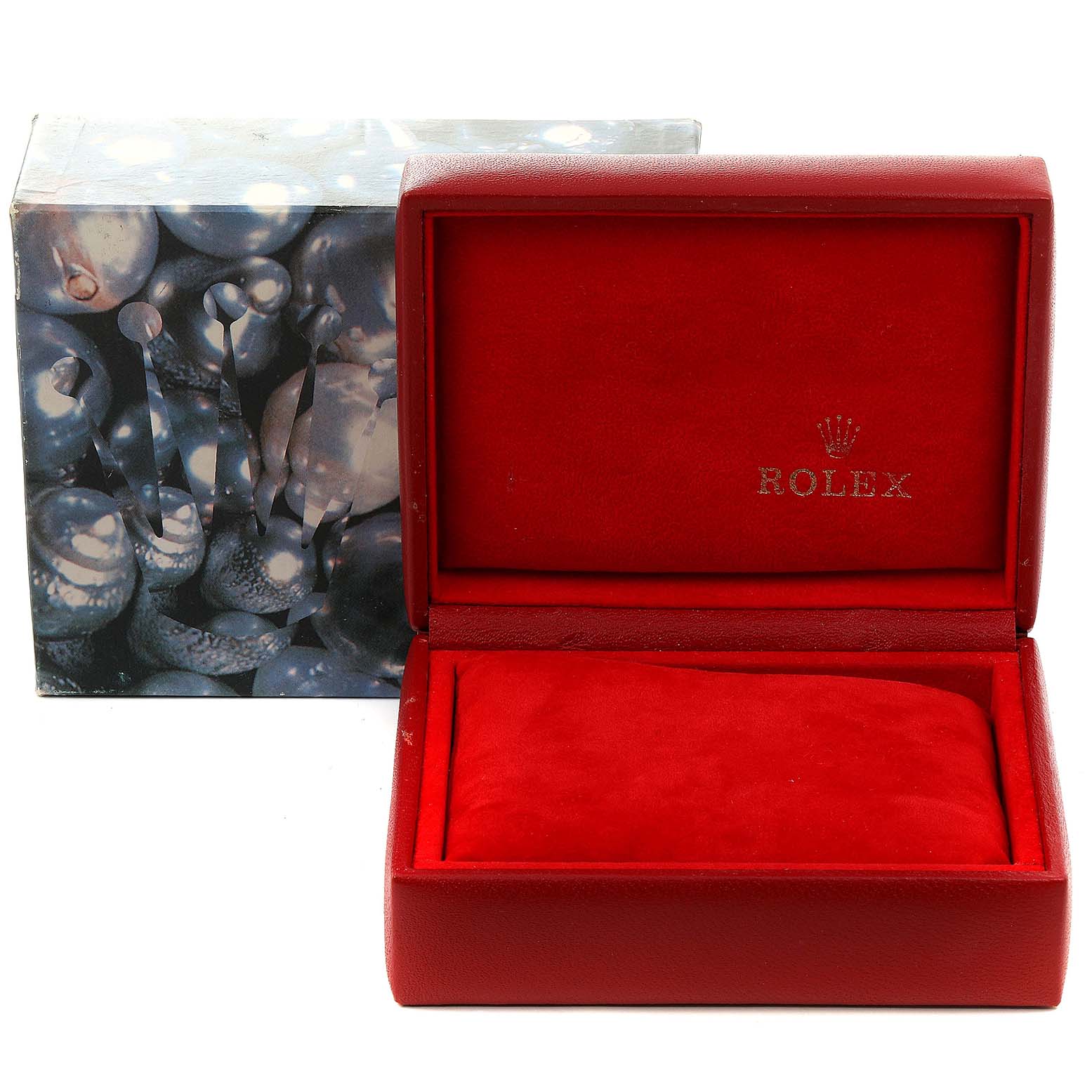 The image shows a red Rolex President 69178 Women
s Yellow Gold Champagne Dial 69178 Women
s Yellow Gold Champagne Dial model watch box, open to reveal its interior, with an outer box beside it.