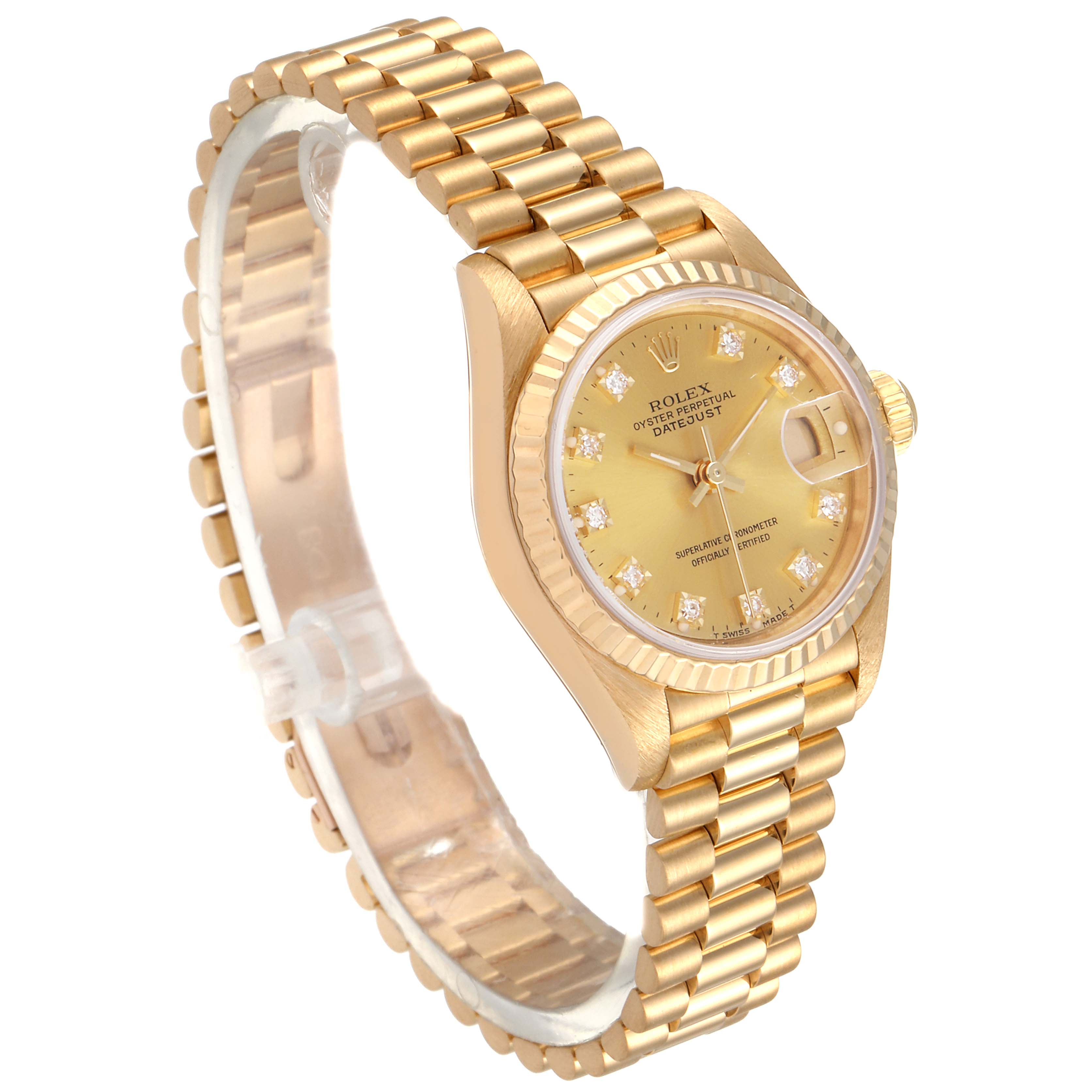 The Rolex President 69178 Women
s Yellow Gold Champagne Dial 69178 Women
s Yellow Gold Champagne Dial model watch is shown at an angled side view, displaying its gold case, fluted bezel, gold dial, and gold bracelet.