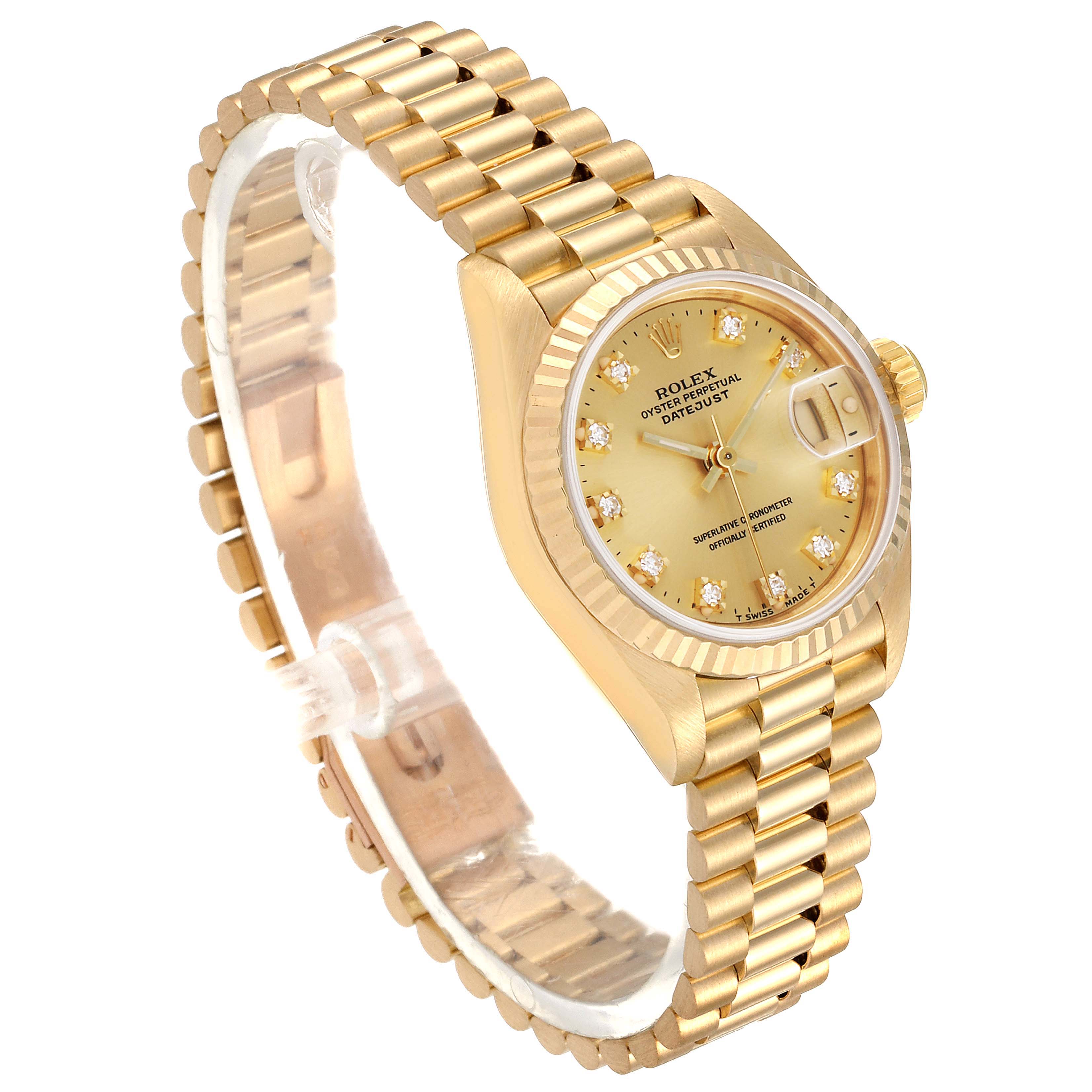 The image shows a Rolex President 69178 Women
s Yellow Gold Champagne Dial 69178 Women
s Yellow Gold Champagne Dial model watch at an angled view, highlighting its golden bracelet, case, and dial.