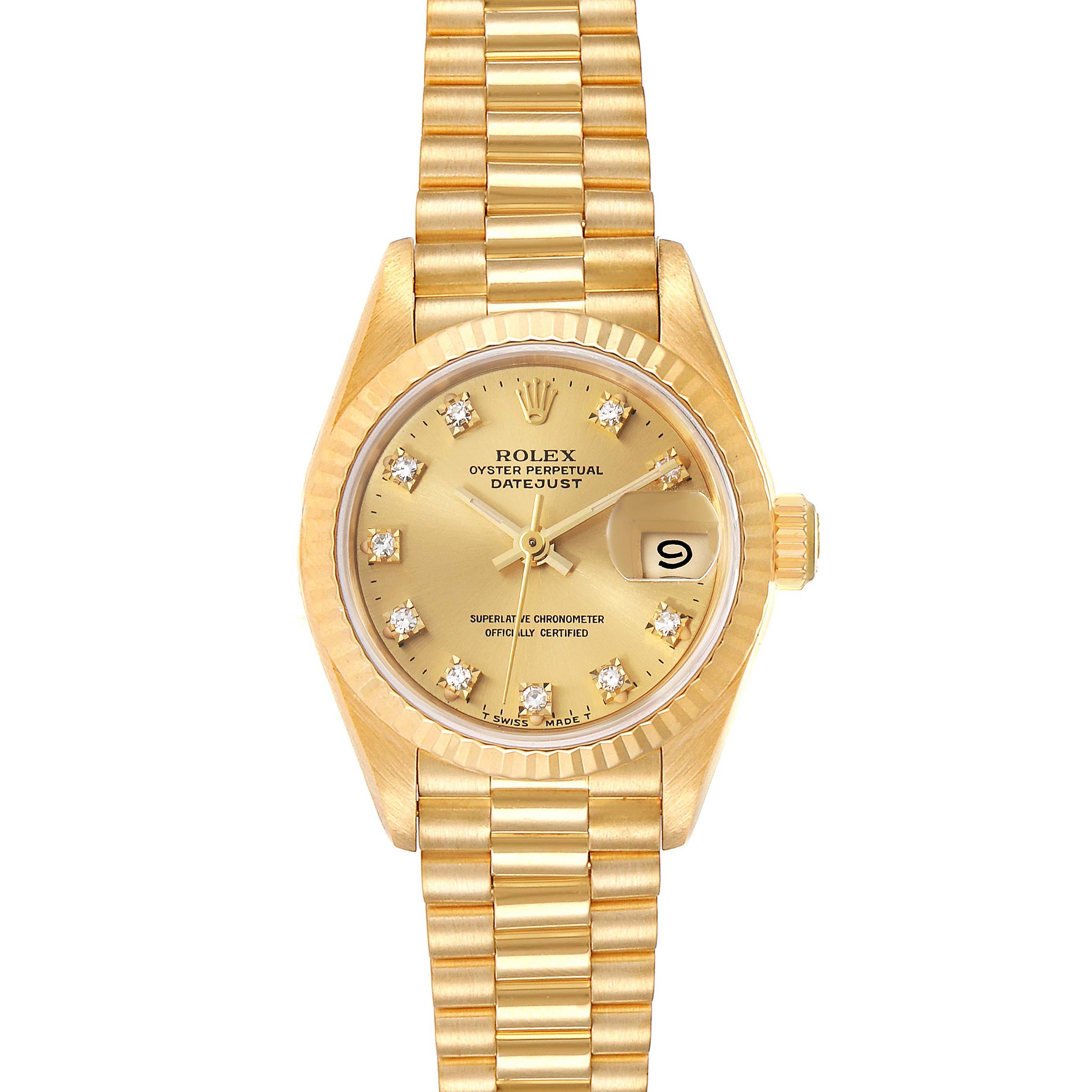 This image shows a front view of the Rolex President 69178 Women
s Yellow Gold Champagne Dial 69178 Women
s Yellow Gold Champagne Dial model watch, featuring its golden face, fluted bezel, date display, and President bracelet.