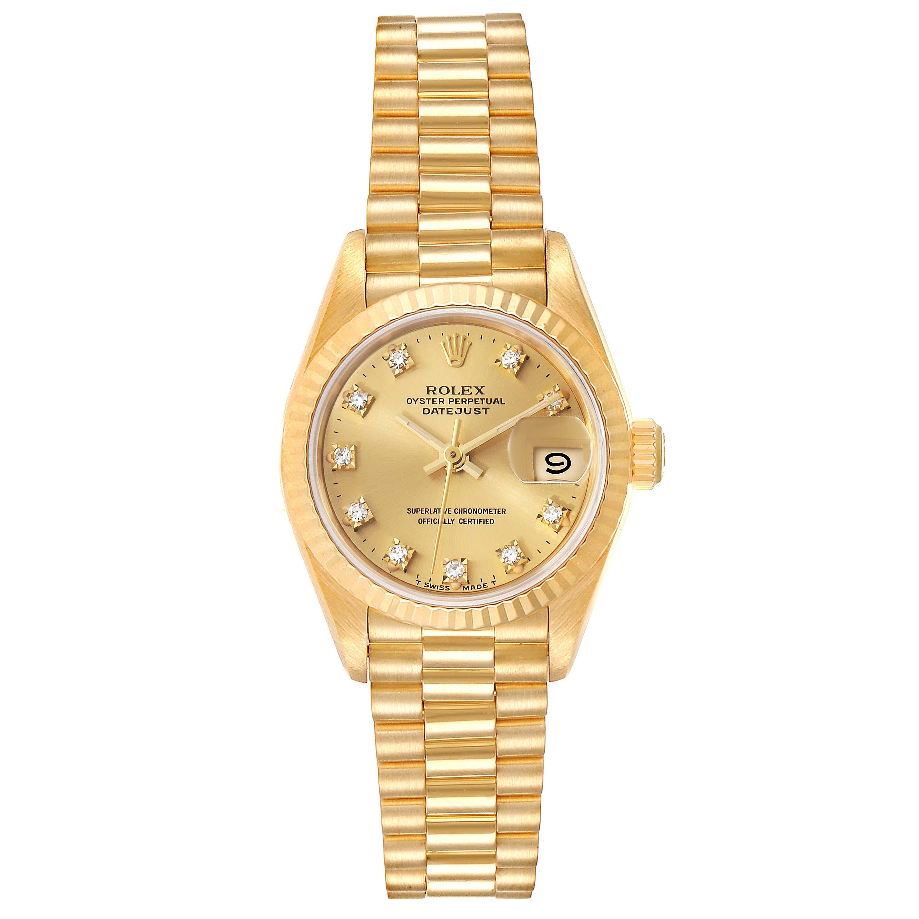 This image shows a front view of a Rolex President 69178 Women
s Yellow Gold Champagne Dial 69178 Women
s Yellow Gold Champagne Dial model watch, including its dial, bezel, and bracelet.