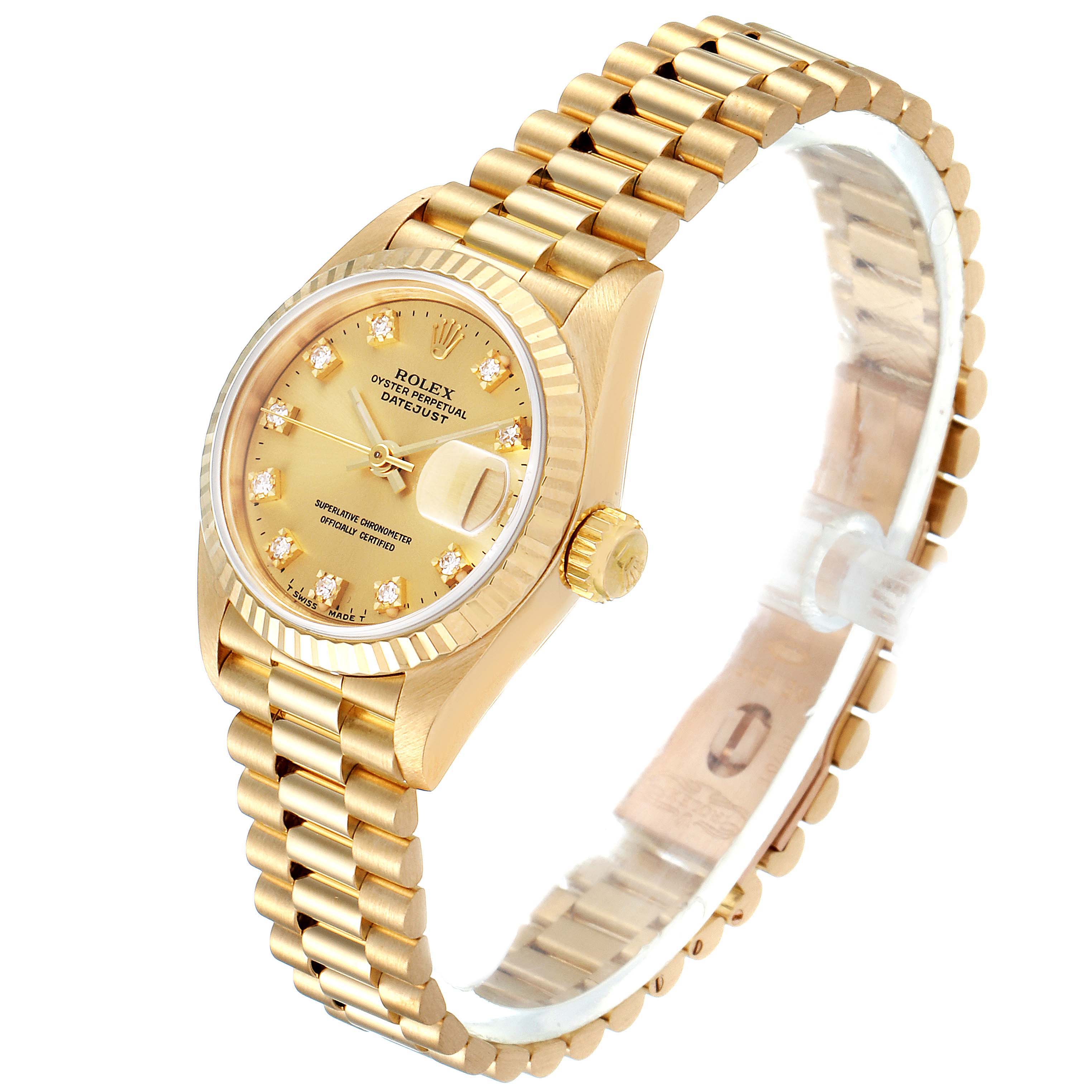 The image shows a side view of a Rolex President 69178 Women
s Yellow Gold Champagne Dial 69178 Women
s Yellow Gold Champagne Dial model watch, highlighting the face, crown, and bracelet.