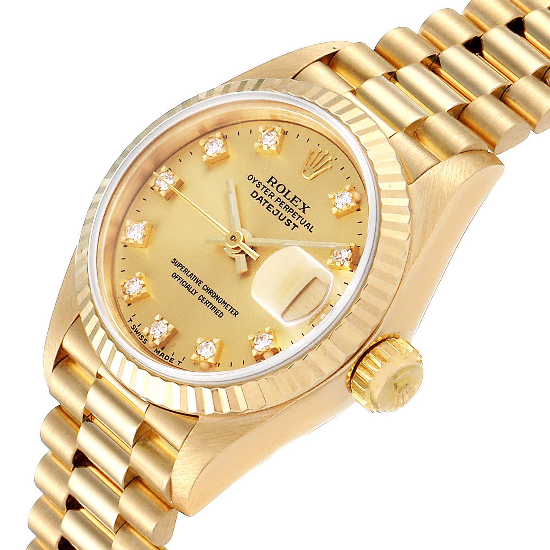 The image shows a Rolex President 69178 Women
s Yellow Gold Champagne Dial 69178 Women
s Yellow Gold Champagne Dial model watch at an angle highlighting the dial, fluted bezel, and part of the bracelet.