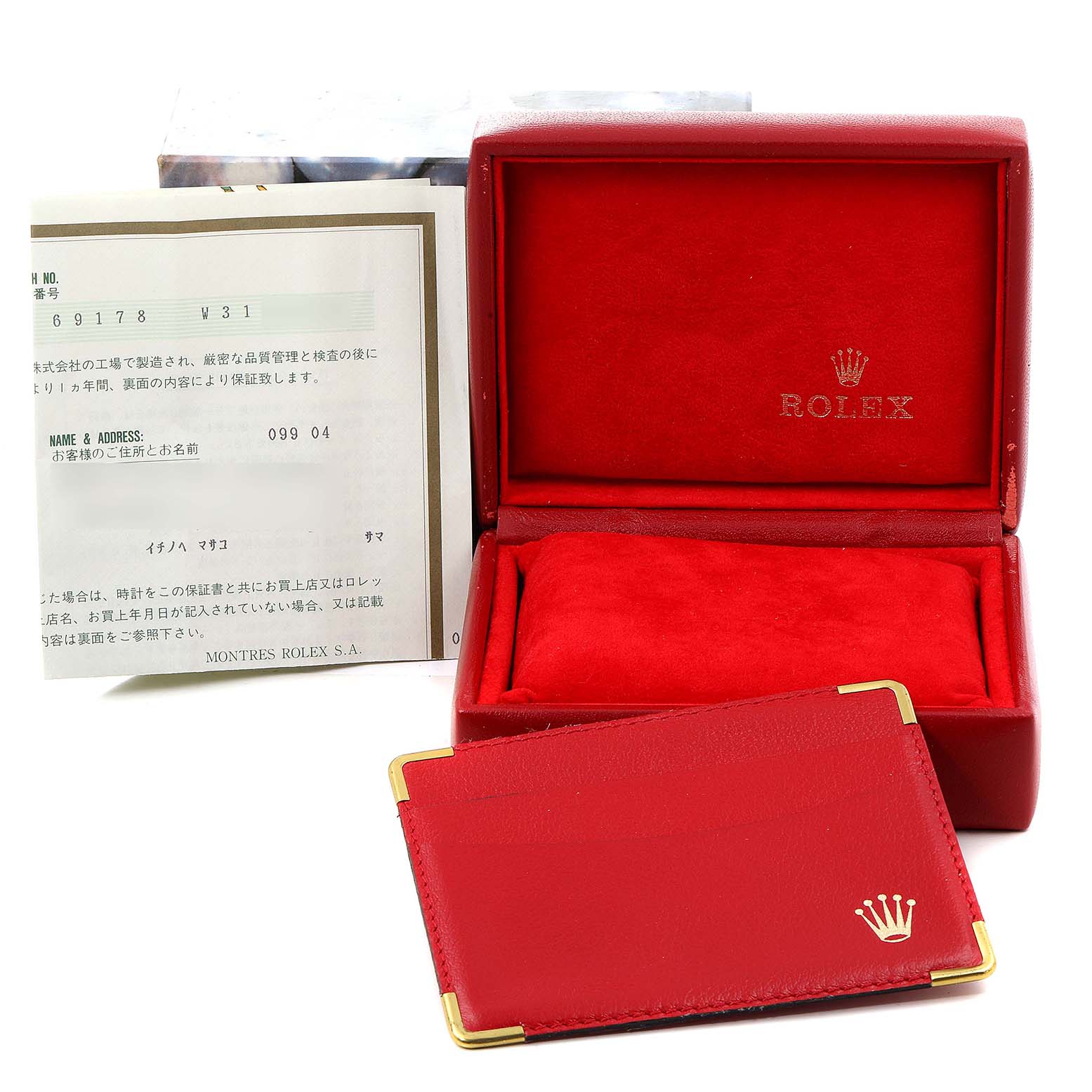 The image shows a red Rolex President 69178 Women
s Yellow Gold Mother of Pearl Dial 69178 Women
s Yellow Gold Mother of Pearl Dial model watch box, an open certificate, and a red leather cardholder with the Rolex logo.