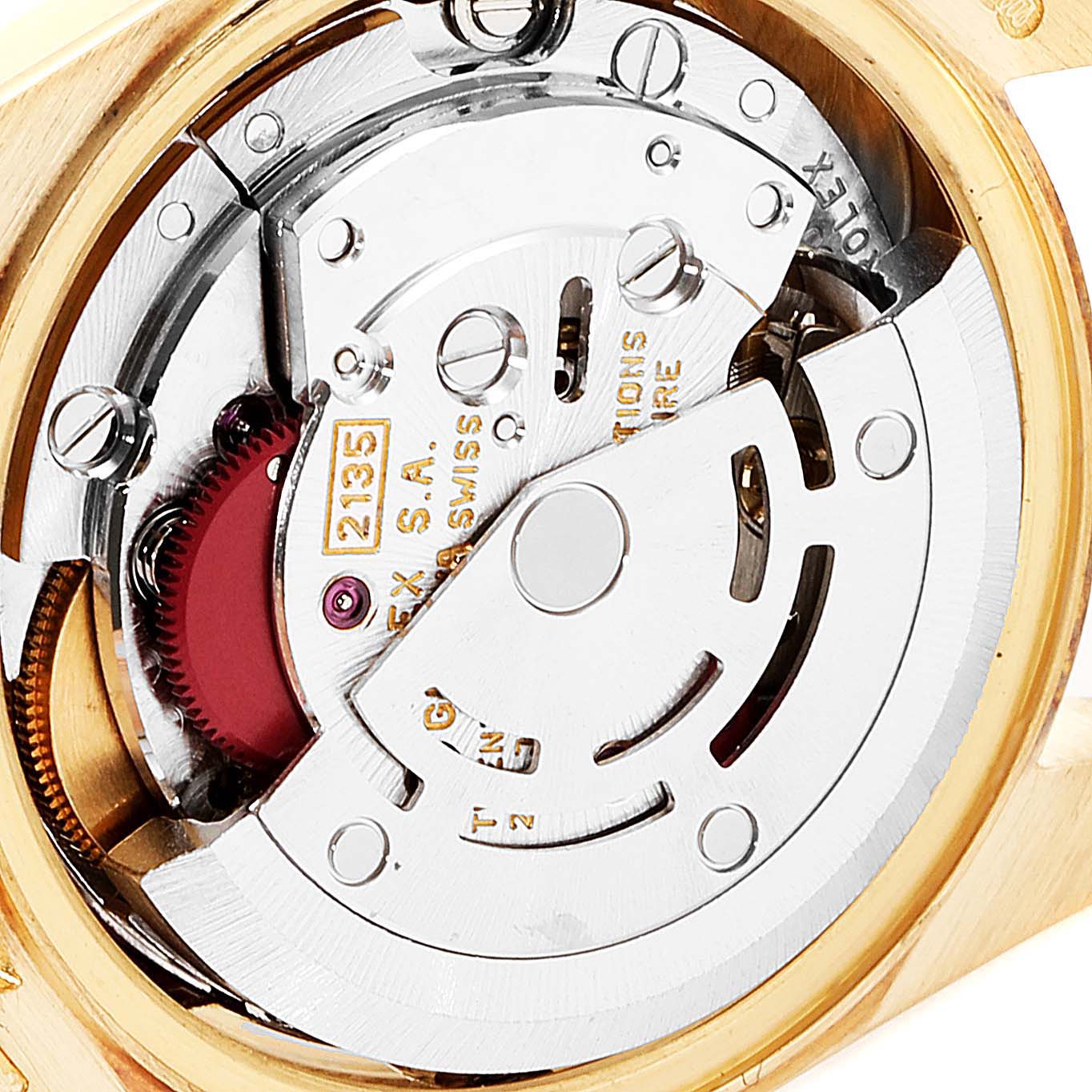 The image shows the internal mechanical movement of a Rolex President 69178 Women
s Yellow Gold Mother of Pearl Dial 69178 Women
s Yellow Gold Mother of Pearl Dial model watch at a close-up angle.