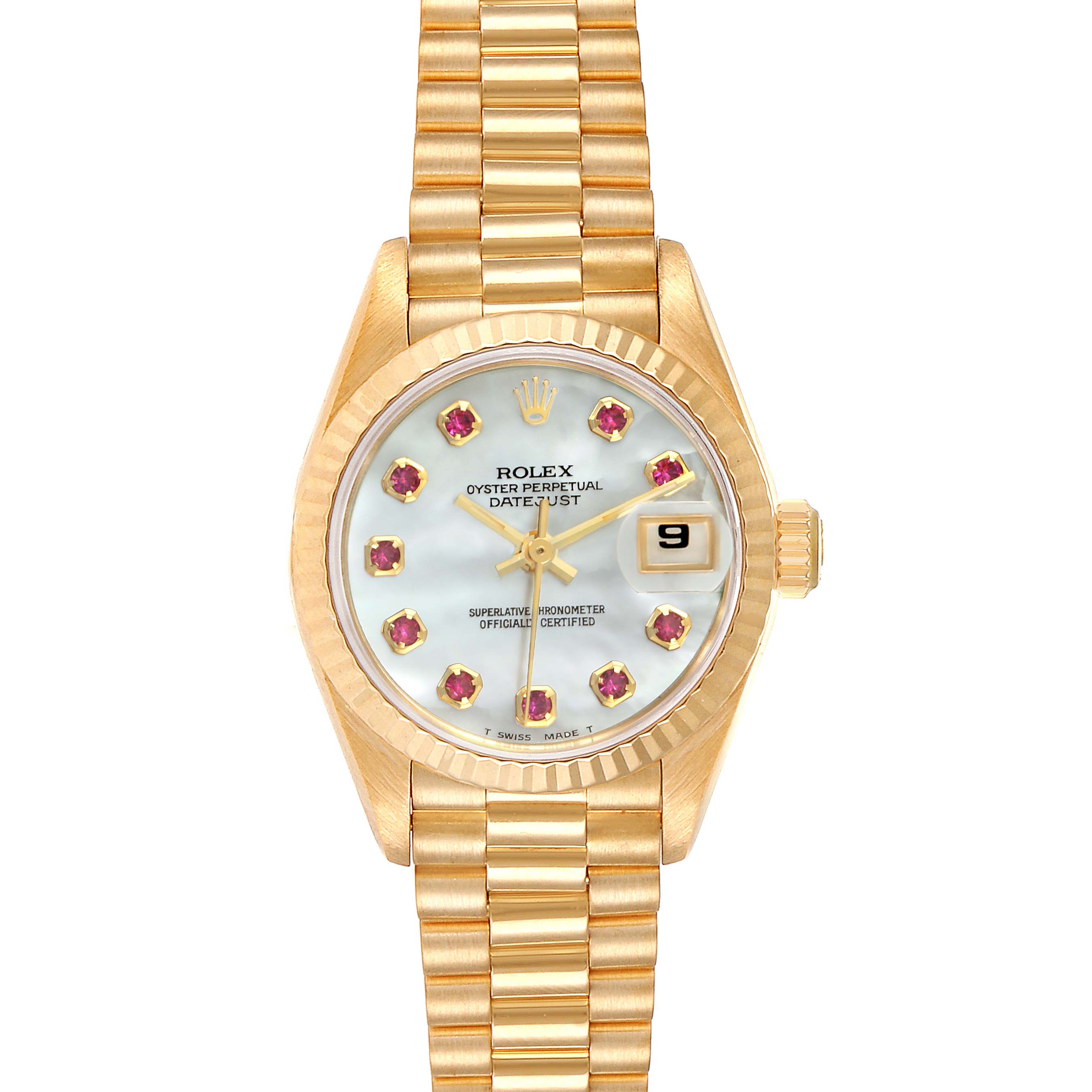 The image shows a frontal view of a Rolex President 69178 Women
s Yellow Gold Mother of Pearl Dial 69178 Women
s Yellow Gold Mother of Pearl Dial model watch, highlighting its dial, bezel, and bracelet.