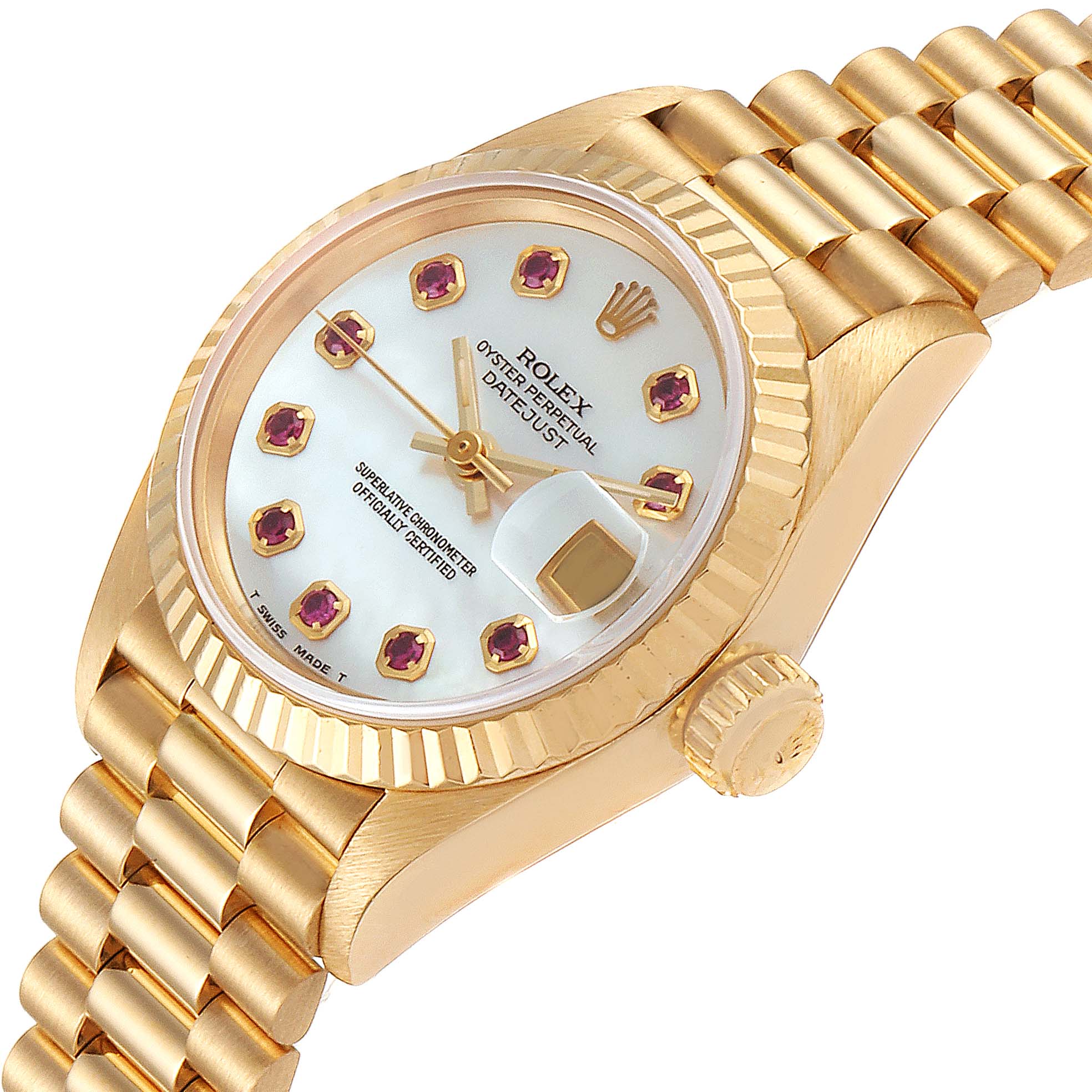 The image shows a Rolex President 69178 Women
s Yellow Gold Mother of Pearl Dial 69178 Women
s Yellow Gold Mother of Pearl Dial model watch angled to display its face, bezel, crown, and bracelet.